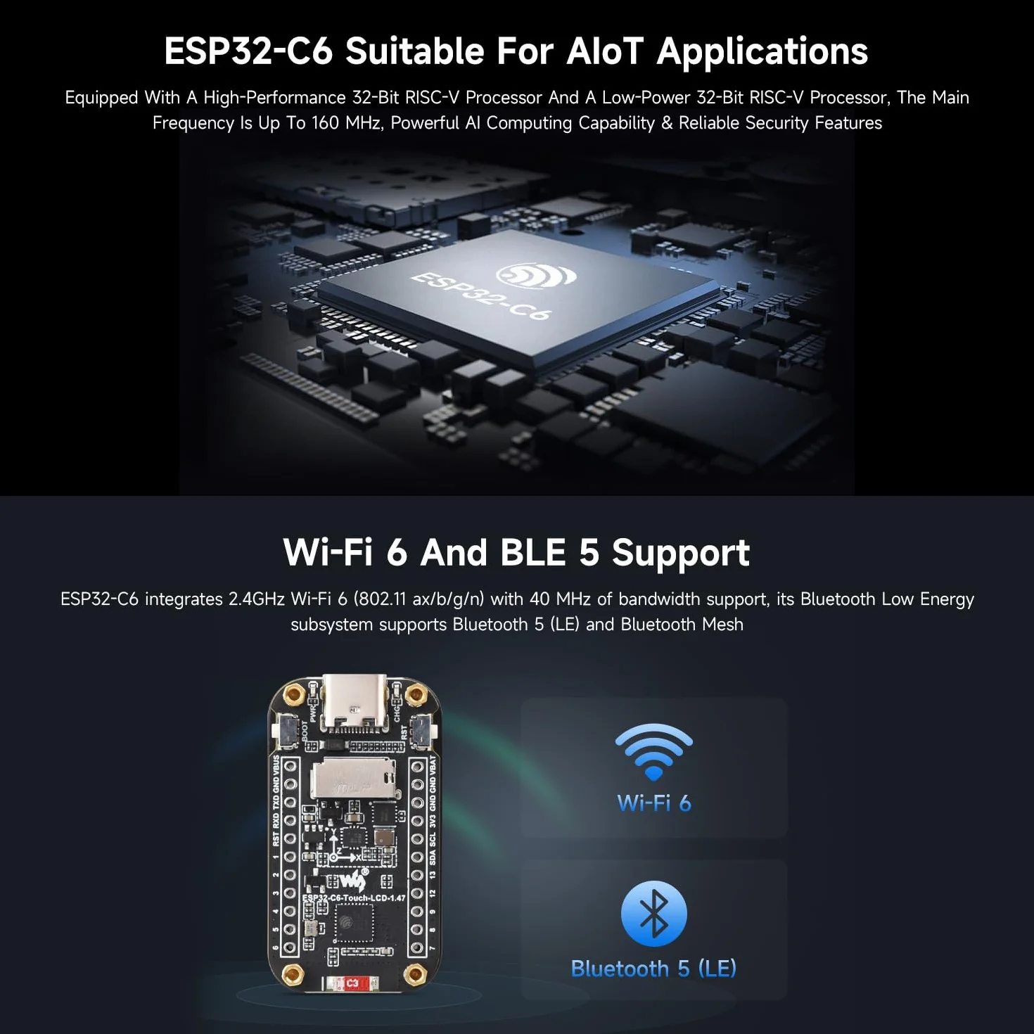 Waveshare ESP32-C6 1.47inch Touch Display Development Board, 172x320 Resolution, 262K Color, WiFi 6, BLE 5, RISC-V 160MHz