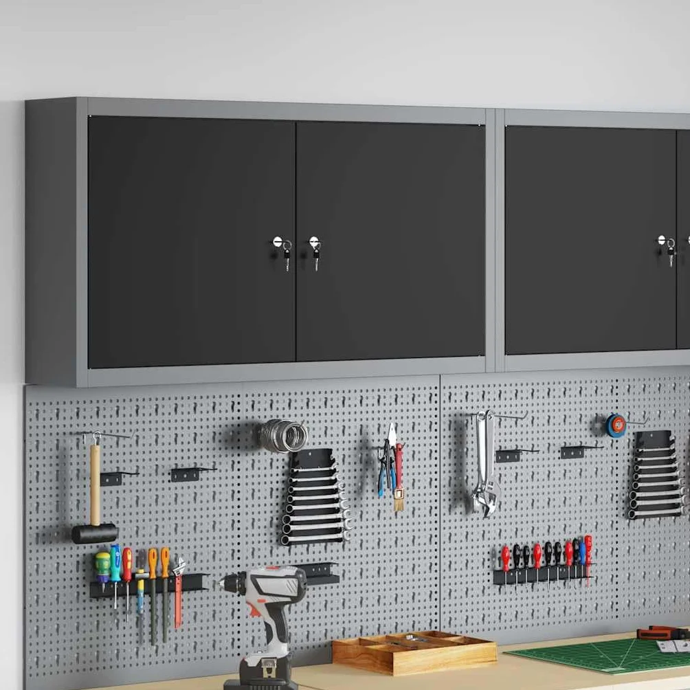Szafka narzędziowa z regałem ze stali i materiału drewnopochodnego, czarno-szara, 100 x 20 x 55 cm, z 3 regulowanymi półkami i zamkiem na kamerę, do warsztatu, garażu i dla majsterkowiczów