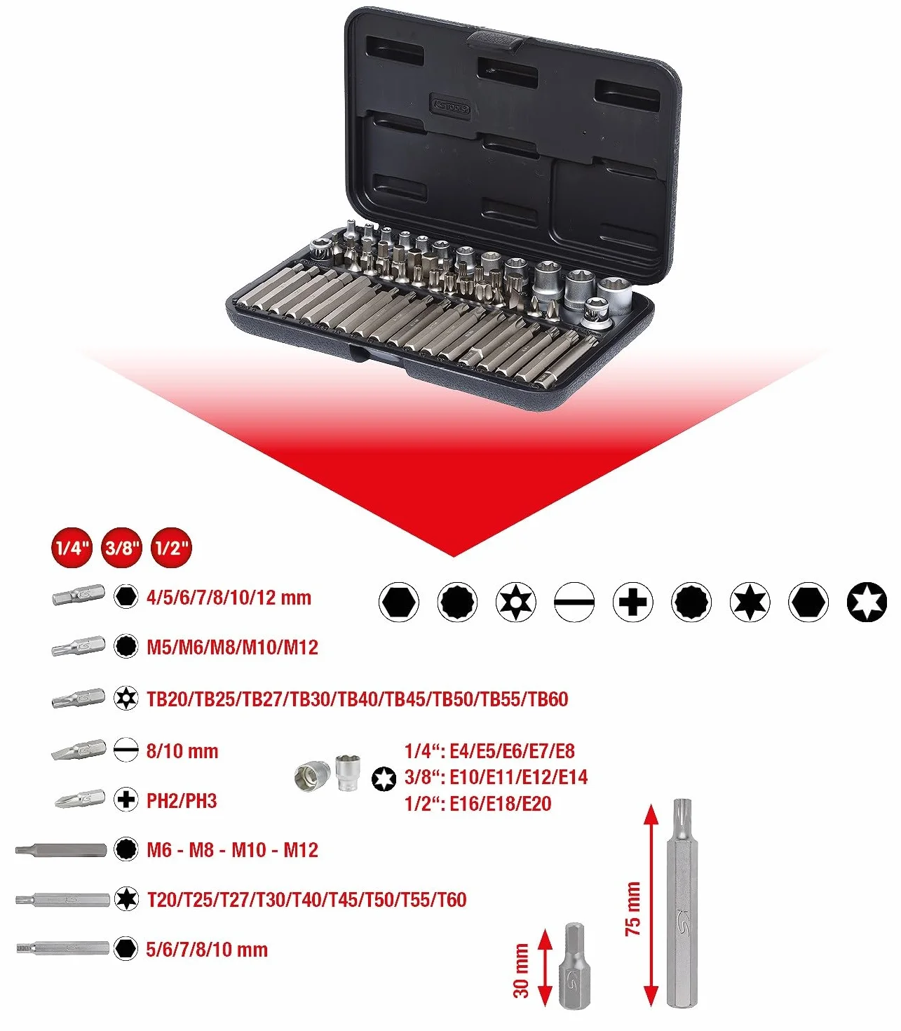 KS Tools 911.4305 1/4"+3/8"+1/2" Zestaw kluczy nasadowych Torx i bitów, 57-szt