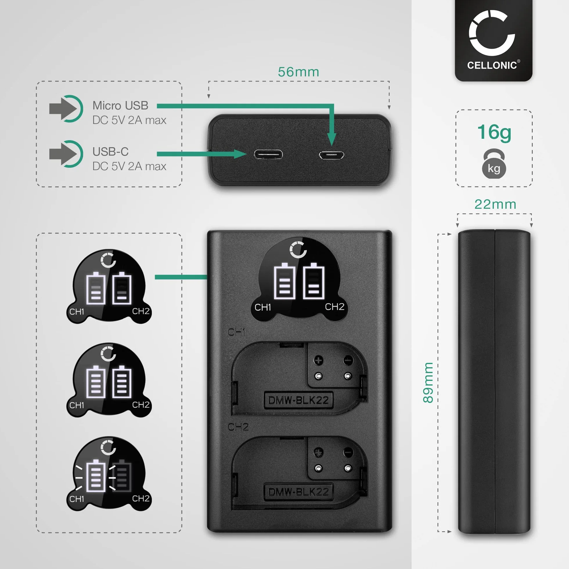 CELLONIC DMW-BLK22 podwójny kabel ładujący kompatybilny z Panasonic Lumix DC-GH5 II DC-GH6 S5 G9 GH5S DMW-BTC15 ładowarka akumulatorów