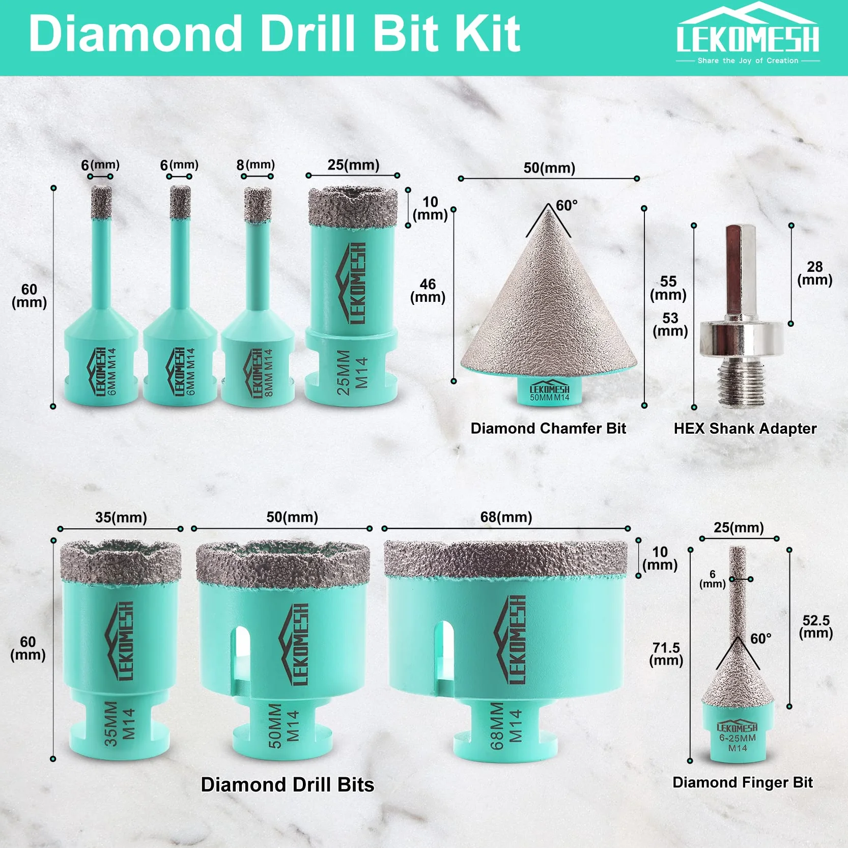 Zestaw diamentowej korony wiertniczej – 10 szt. (6/6/8/25/35/50/68 mm + frez do fazowania (6-25 mm) + 50 mm diamentowe frezy fazowe + adapter) LEKOMESH do porcelany ceramicznej, marmuru, granitu, kamienia, kwarcu