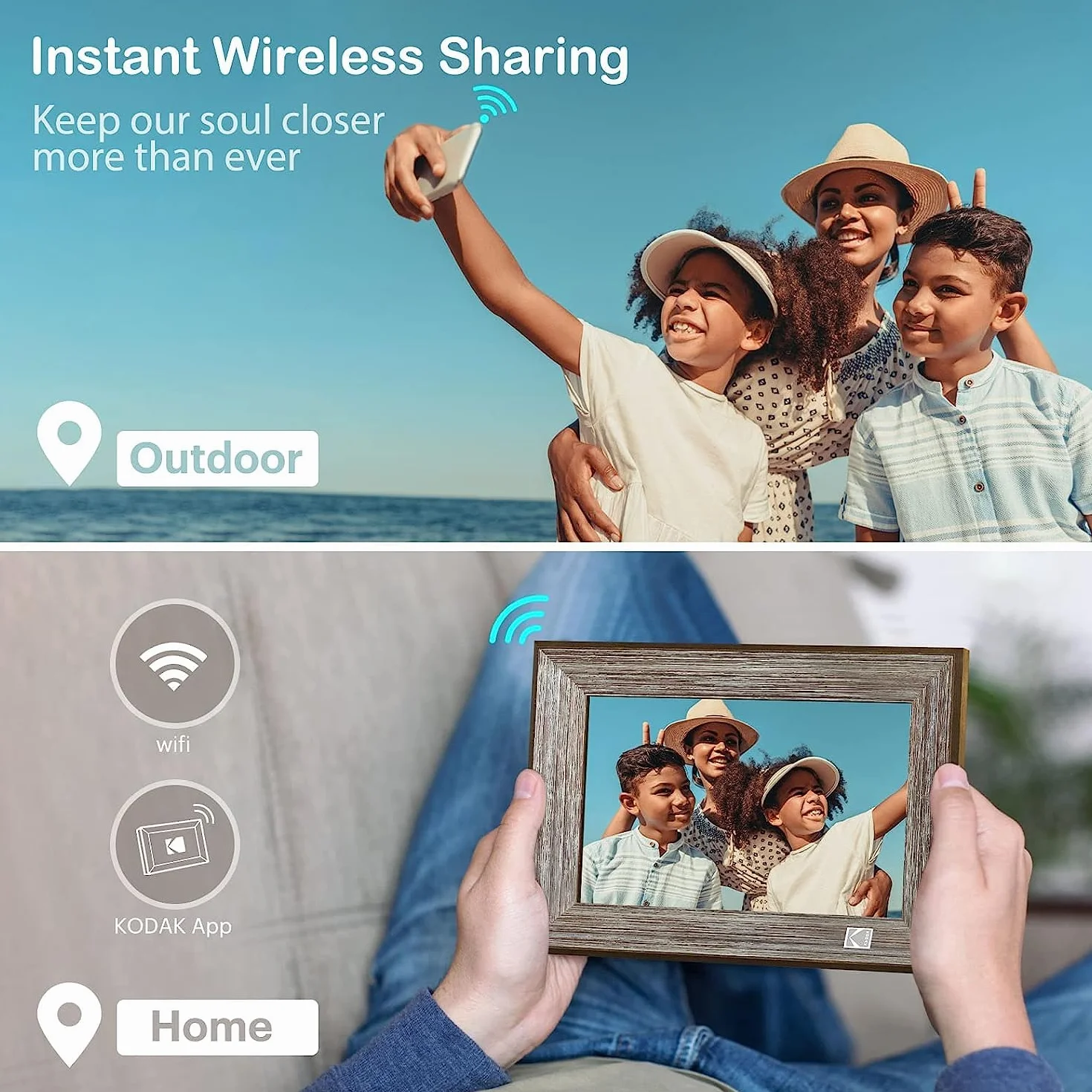 Kodak cyfrowa ramka na zdjęcia 10,1 cala, Wi-Fi, 1013 W, drewniana, elektroniczna ramka na zdjęcia z pamięcią 32 GB, ekran dotykowy HD IPS, udostępnianie zdjęć za pomocą aplikacji, automatyczne