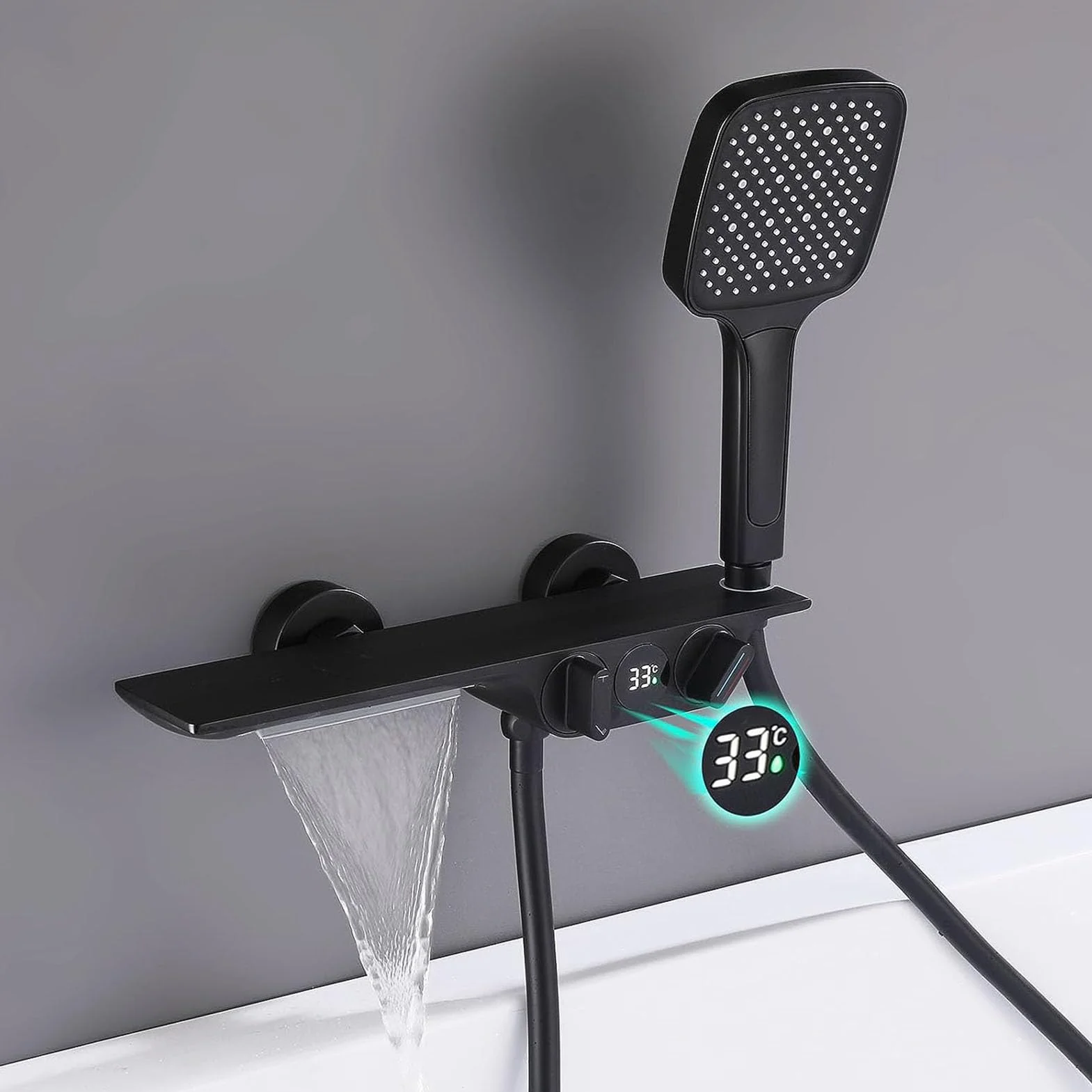 Bateria wannowa z wodospadem, bateria wannowa ścienna Mosiądz, bateria wannowa z prysznicem ręcznym, wyświetlacz temperatury, bateria prysznicowa w łazience,Black