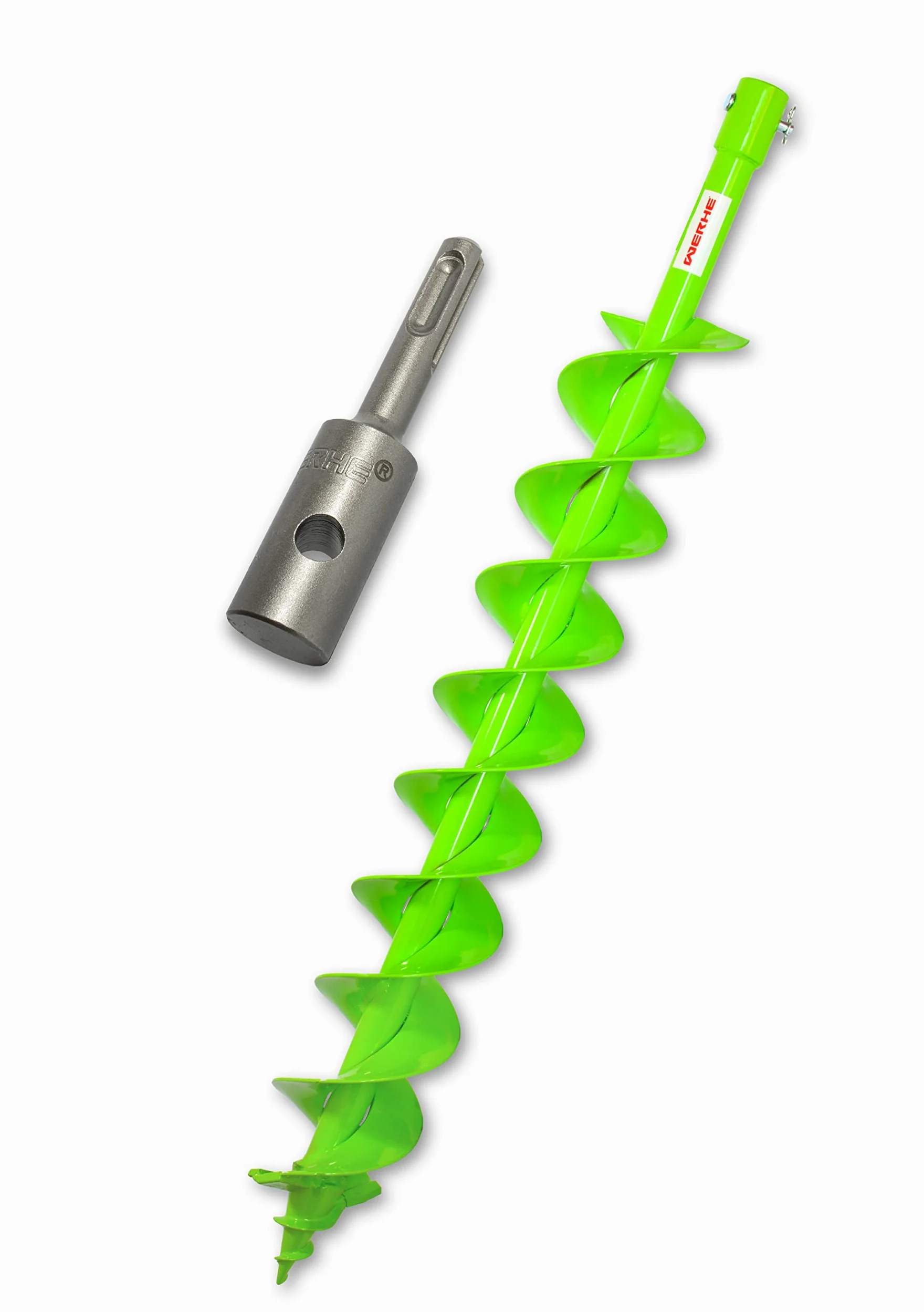 WERHE świder ziemny 100 mm, lita stal, podwójna spirala, adapter SDS Plus | świder do słupków do budowy ogrodzeń i prac ogrodowych, hartowany grot centrujący, w zestawie 2 sworzeń zabezpieczający