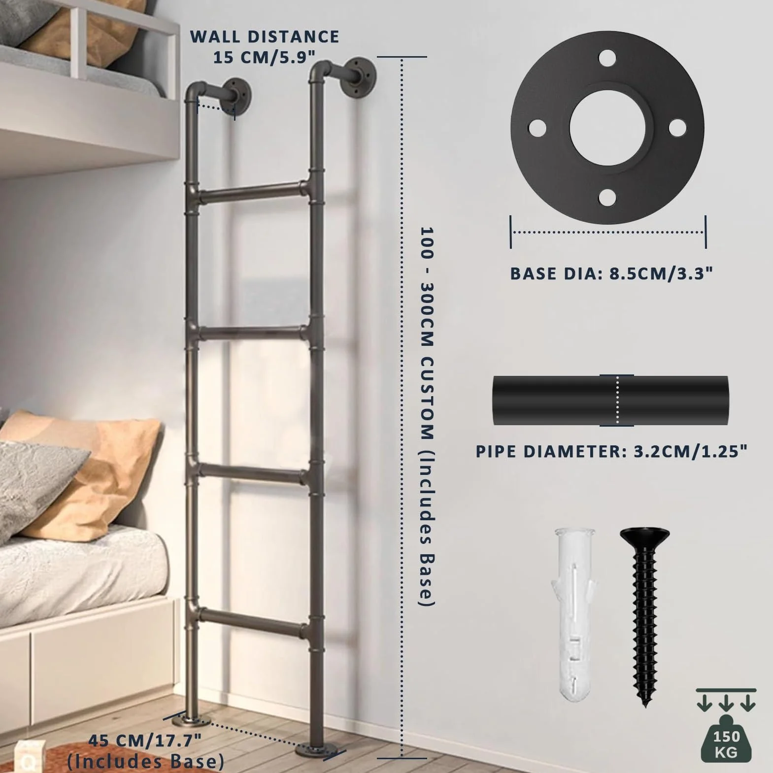 Uniwersalna montowana na ścianie drabina strychowa, regulowana, 100-300 cm, idealna do piwnicy, biblioteki, na dach, balkon - solidne metalowe żelazne rozwiązanie wspinaczkowe (150 cm)