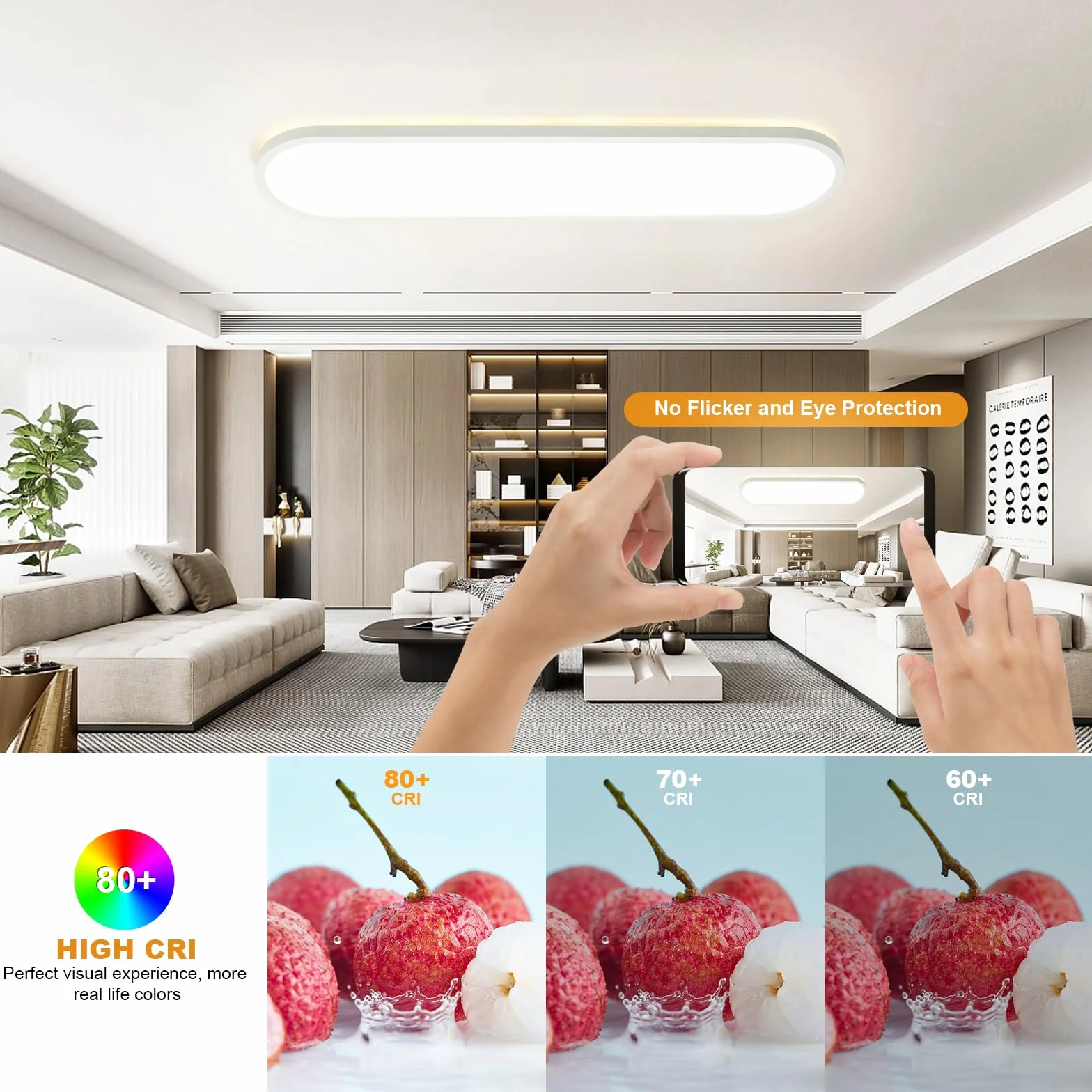 LEZOE Lampa sufitowa LED ściemnialna z pilotem 80x20x2,9 cm, 36 W 4500 lm Lampa sufitowa 2700K-6500K z funkcją pamięci, biurowa Panel do salonu sypialni łazienki kuchni domowego biura owalna