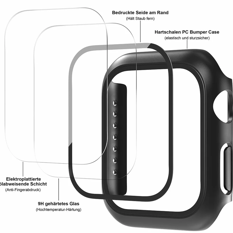 Etui ochronne do Apple Watch SE2/SE/6/5/4 44 mm, twarde z poliwęglanu ze szkłem hartowanym, 2 czarne