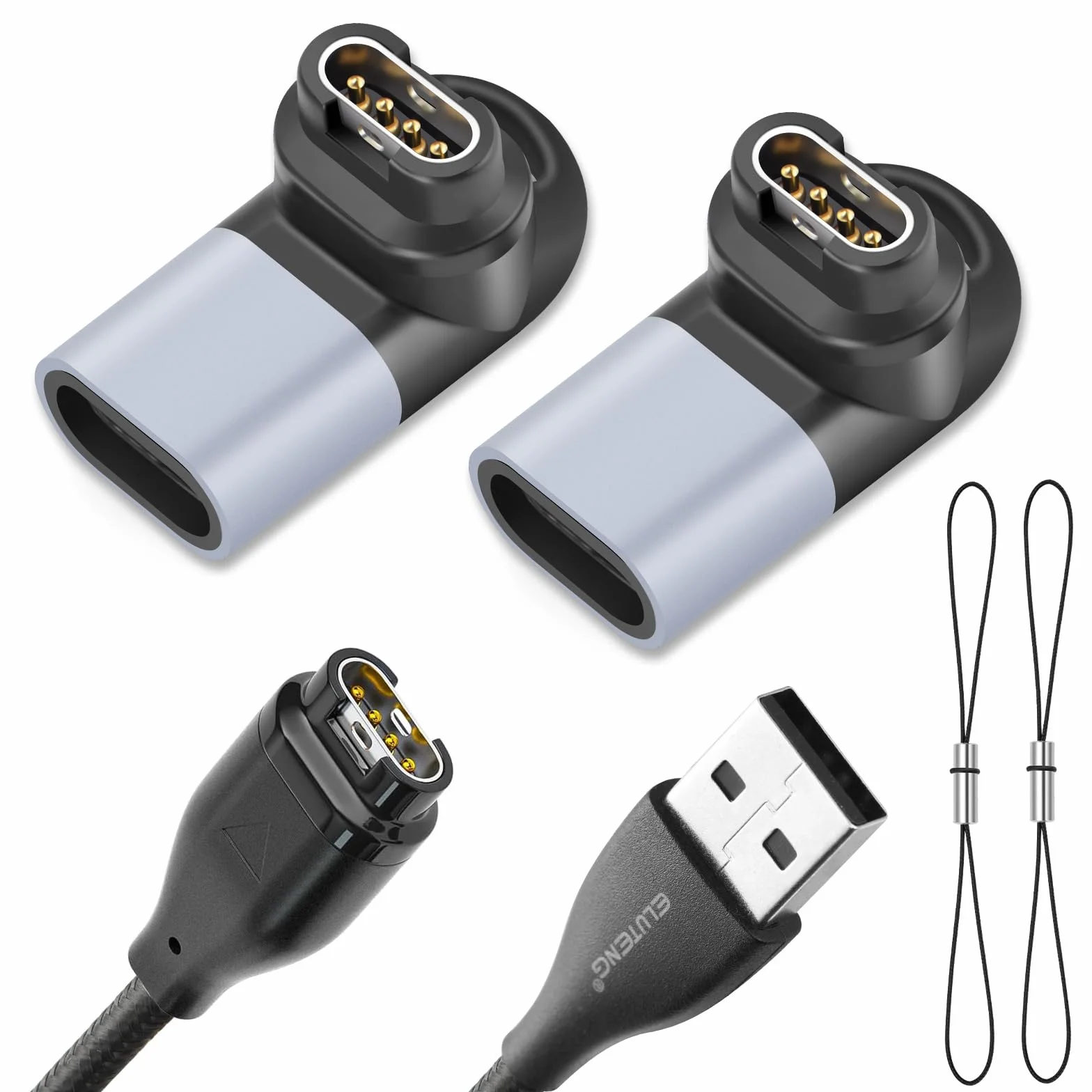 ELUTENG Ładowarka do Garmin z 2 adapterami USB C 90 stopni, kompatybilna z Garmin Fenix 8 E 7 7S 7X 6 6S 6X Pro 5 5S 5X Plus, Epix, Approach x10/S60/S62, Vivoactive, Vivomove, Venu, Forerunner