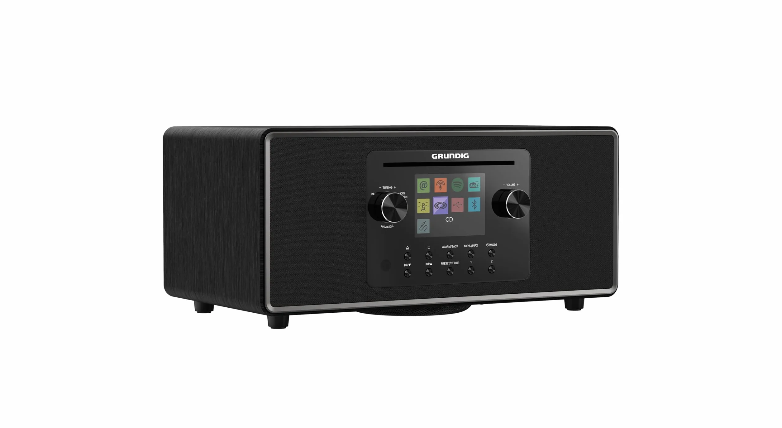 Grundig DTR 7100 All-In-One radio internetowe i cyfrowe DAB+, FM, 2.1 radio z subwooferem, 42 W RMS, napęd CD, USB, Spotify Connect, funkcja alarmu, automatyka zasypiania, kolorowy wyświetlacz, czarny