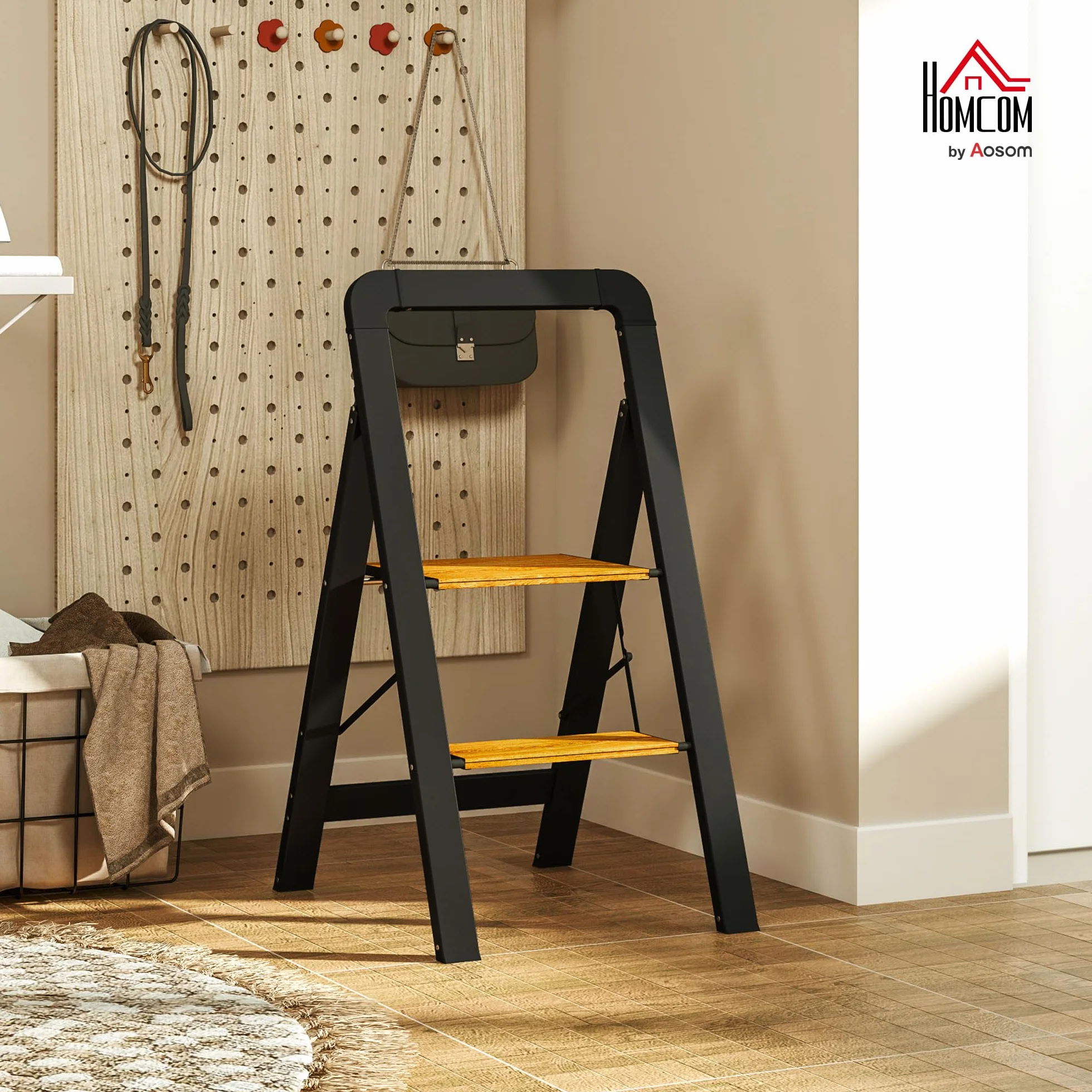 HOMCOM Drabina składana z 2 stopniami, drabina stojąca z uchwytem, antypoślizgowa platforma, obciążenie do 150 kg, aluminium, czarna, 44,5 x 48 x 86,3 cm