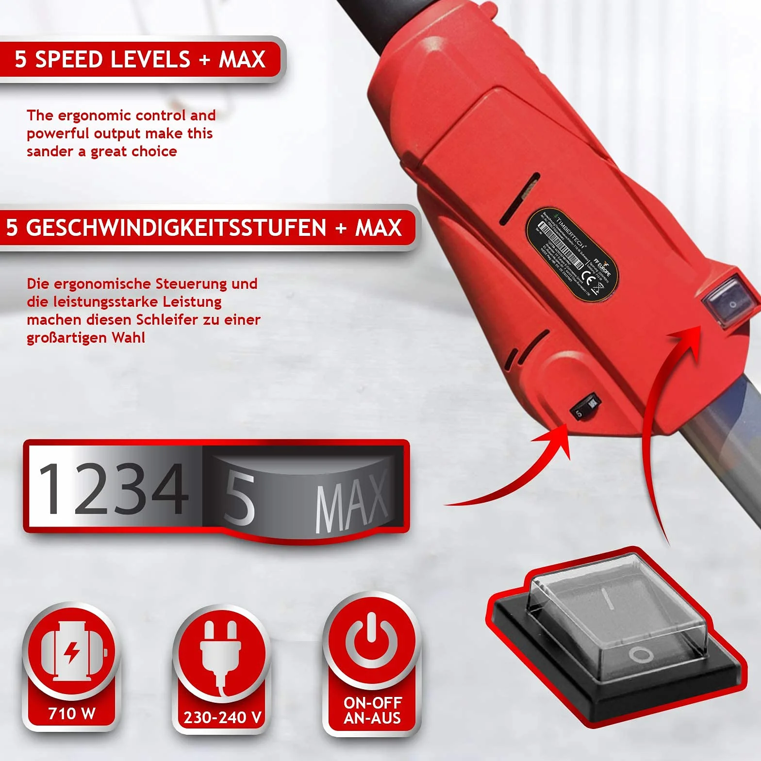 TIMBERTECH® Szlifierka do suchej zabudowy – 710 W, 6 tarcz Ø 220 mm, 1000-2100 obr/min, 6 prędkości – do sufitów i ścian, długa szyjka