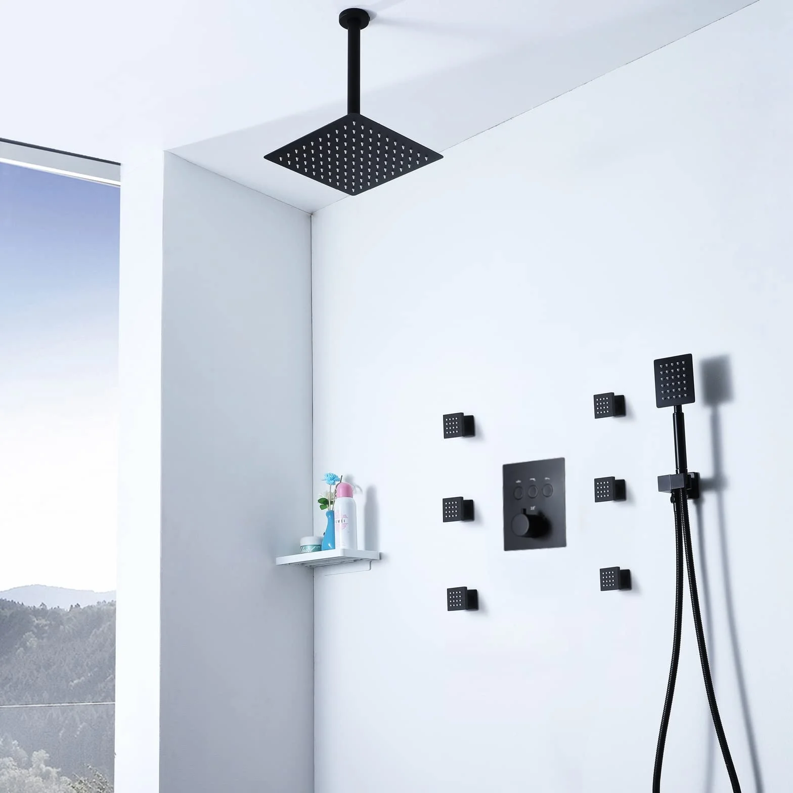 3-funkcyjny termostatyczny system prysznicowy, kwadratowa bateria prysznicowa sufitowa z 2-funkcyjną główką prysznicową, dyszami masującymi i wężem prysznicowym 1,5 m, kolor czarny