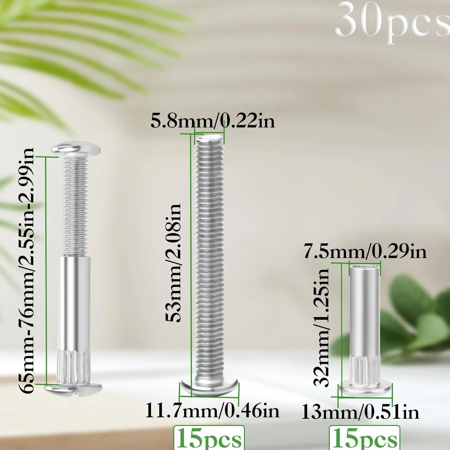 Pyroclasia 30 sztuk śrub meblowych M6, 65-76 mm, gwintowane i tulejowe, stali niklowanej, do szafek i mebli, krzyżakowe, głowica tarczy, klasa 5, metaliczny, 1 sztuk