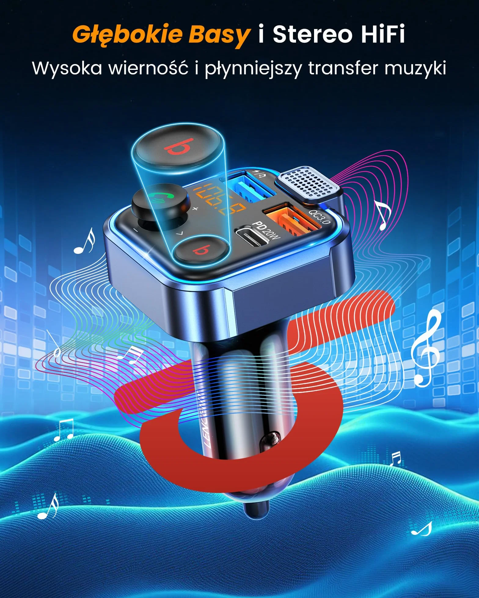 LENCENT Nadajnik FM Bluetooth V5.3, Transmiter FM Radio Samochodowe z głębokim basem Ładowarka Samochodowa z Zestawem głośnomówiącym i dwoma portami USB PD Type-C QC 3.0 USB z Niebieskim Oświetleniem