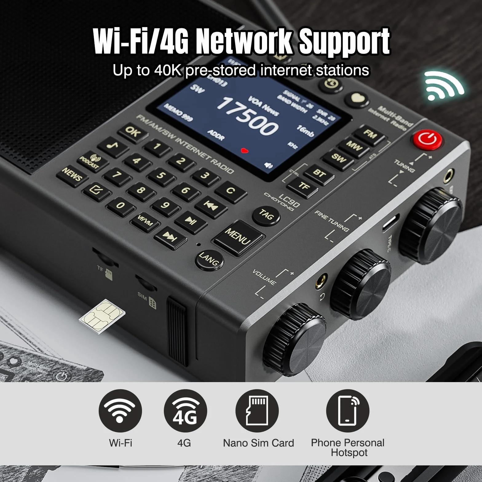 CHOYONG LC90 Radio internetowe Wi-Fi / 4G, przenośne, FM/LW/MW/SW, z akumulatorem 5000 mAh, 40 tys. stacji radiowe, głośnik BT, budzik, głośniki stereo 15 W, obsługa karty TF