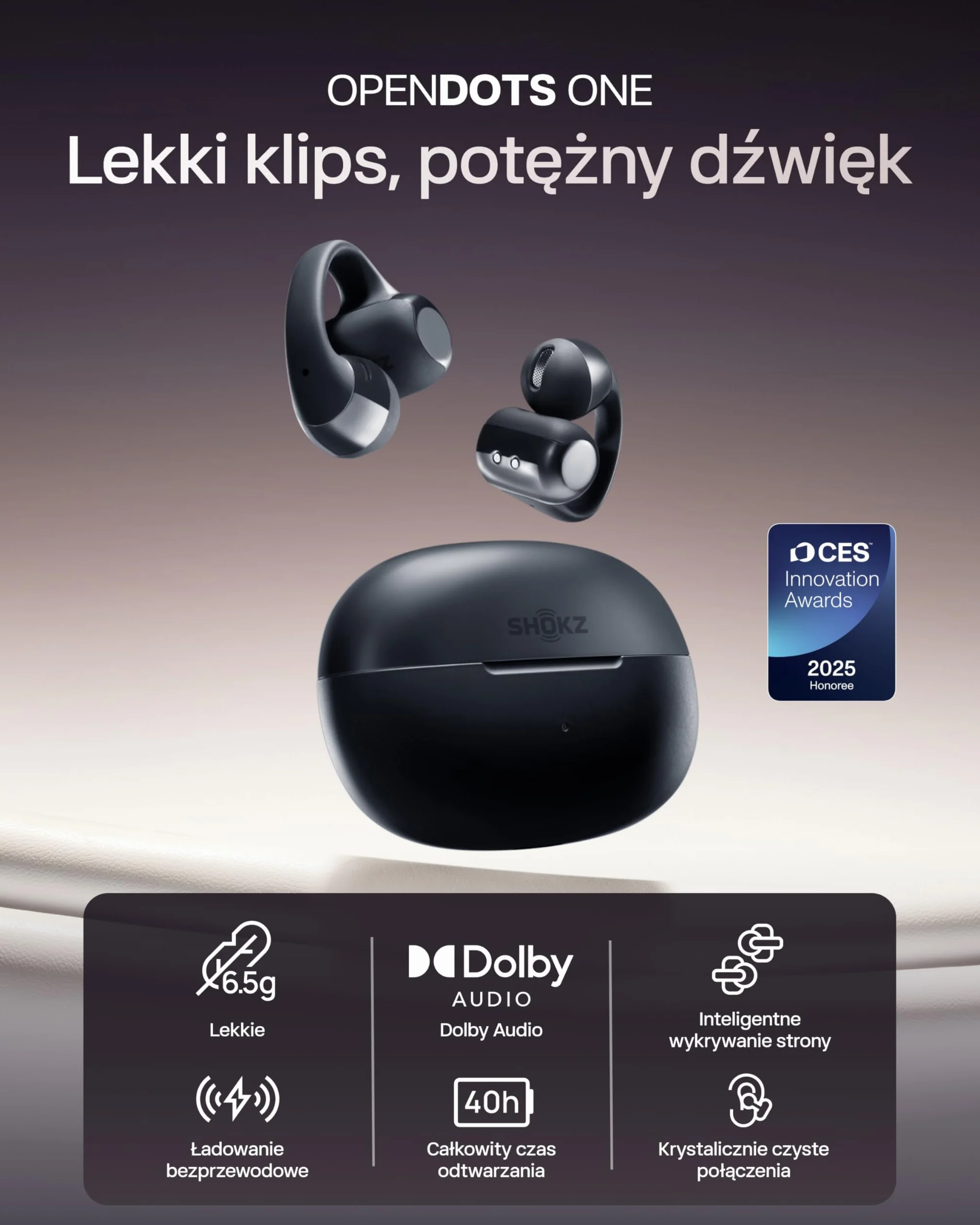 SHOKZ OpenDots ONE Otwarte Słuchawki Douszne Bluetooth 5.4, Dolby Audio, IP54, Czarny