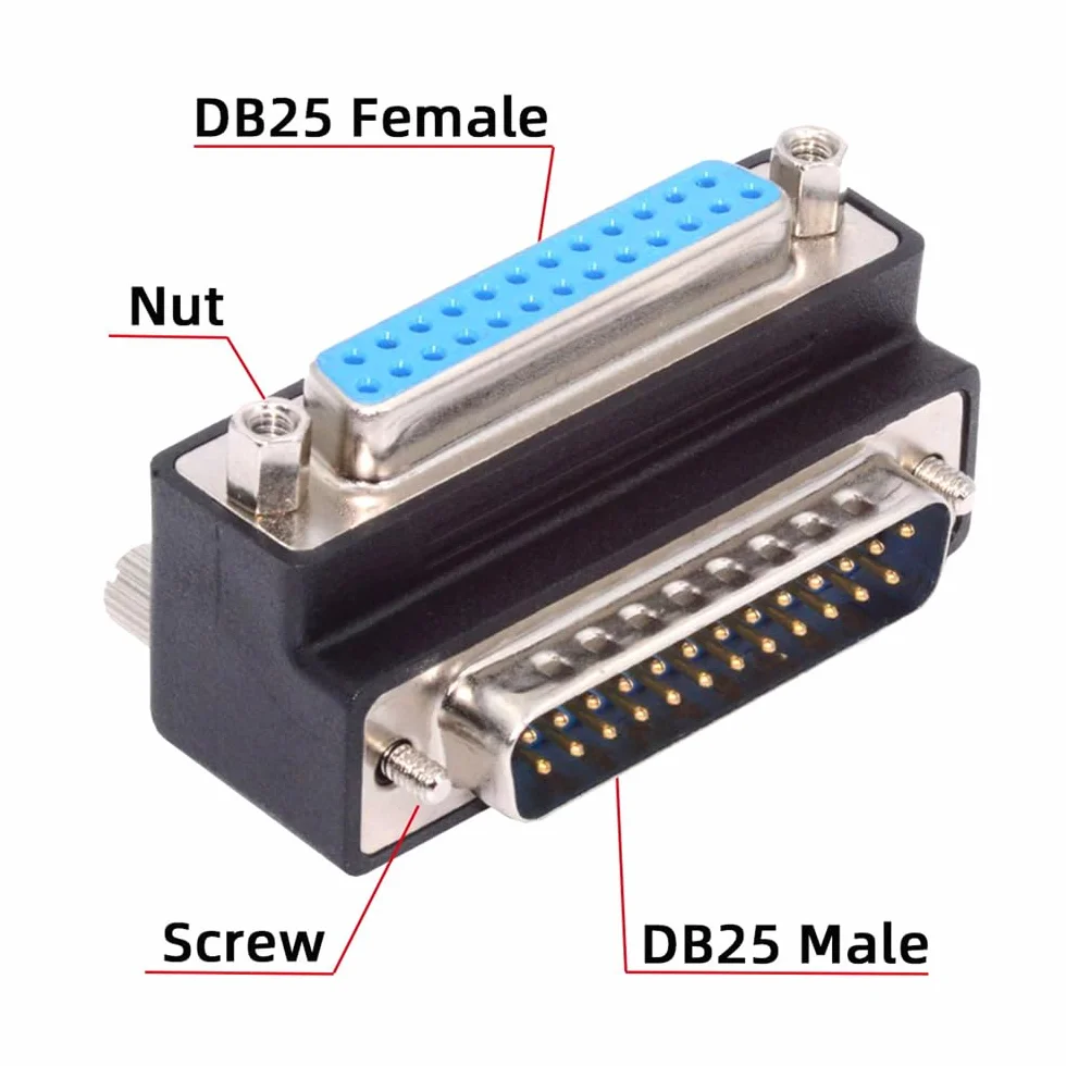 DB25pin męski nakrętka do żeńska śruba przedłużacz adapter LPT AES/EBU 90 stopni