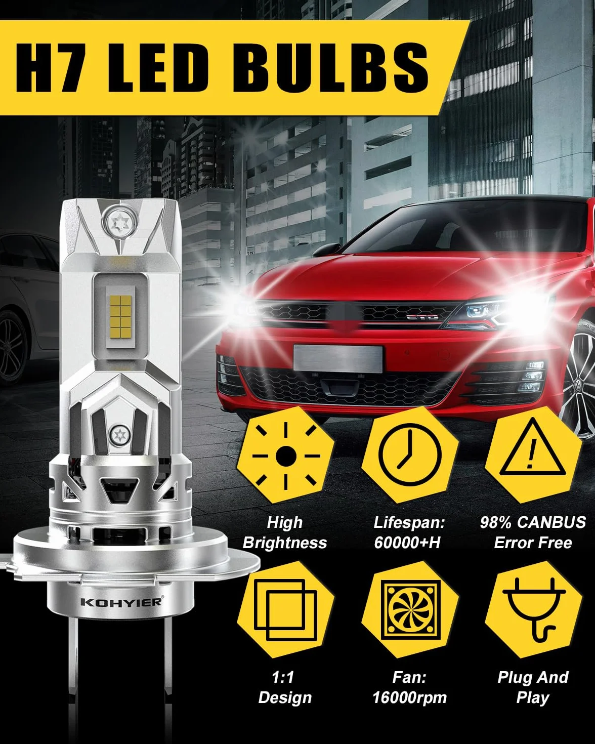 Żarówka LED H7 100W 40000LM, 800% Jaśniejsza Światło Białe 6000K, Miniaturowa Żarówka Przednia H7 LED W Skali 1:1, System Plug And Play, Opakowanie 2 Sztuki