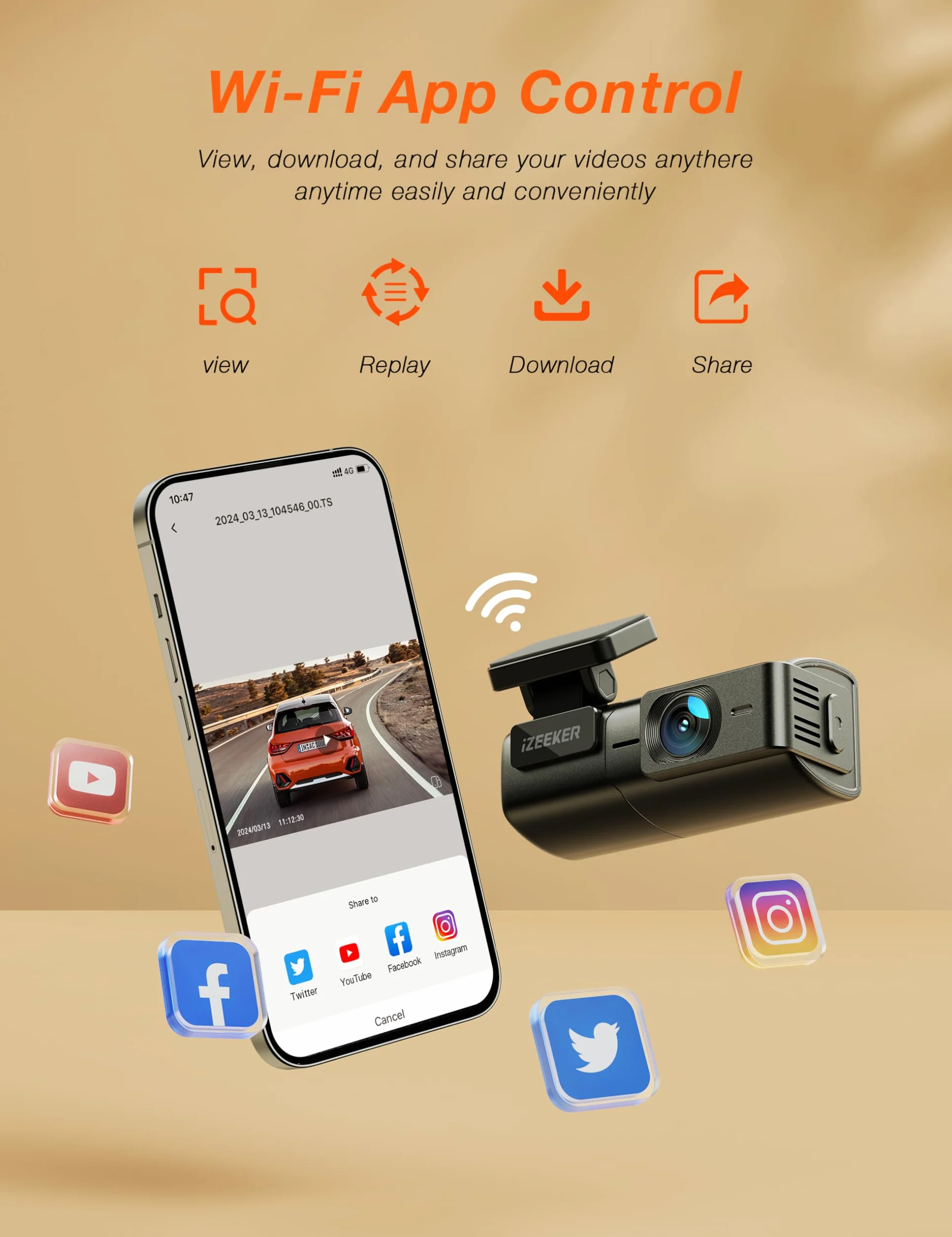 iZEEKER Kamera samochodowa 2,5K WiFi Dashcam 1440P z aplikacją, noktowizor WDR, czujnik G, nagrywanie w pętli