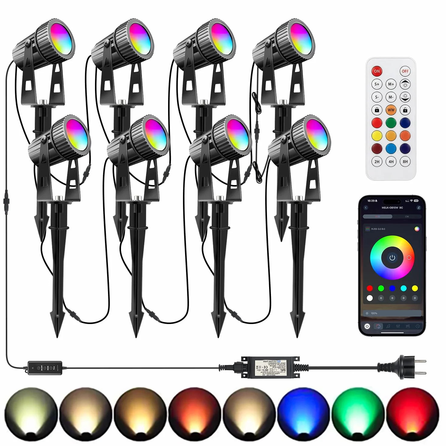 8 lampy ogrodowe LED RGBW, 24V, 24 W ogrodowy, timerem, wtyczką do ziemi i pilotem, stopień ochrony IP65, przeznaczone do trawników, ogrodów i innych przestrzeni zewnętrznych