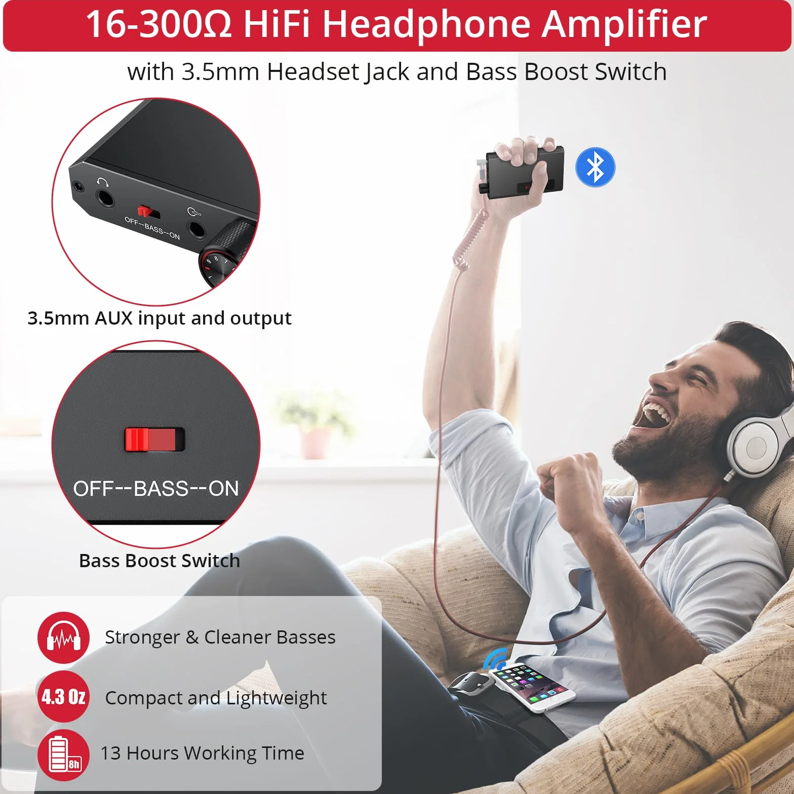 Neoteck Przenośny wzmacniacz słuchawkowy z odbiornikiem Bluetooth 5.1, kompatybilność ze słuchawkami 16-300 Ω, wzmacniacz słuchawkowy Bass Boost do telefonów MP3 MP4 i komputerów