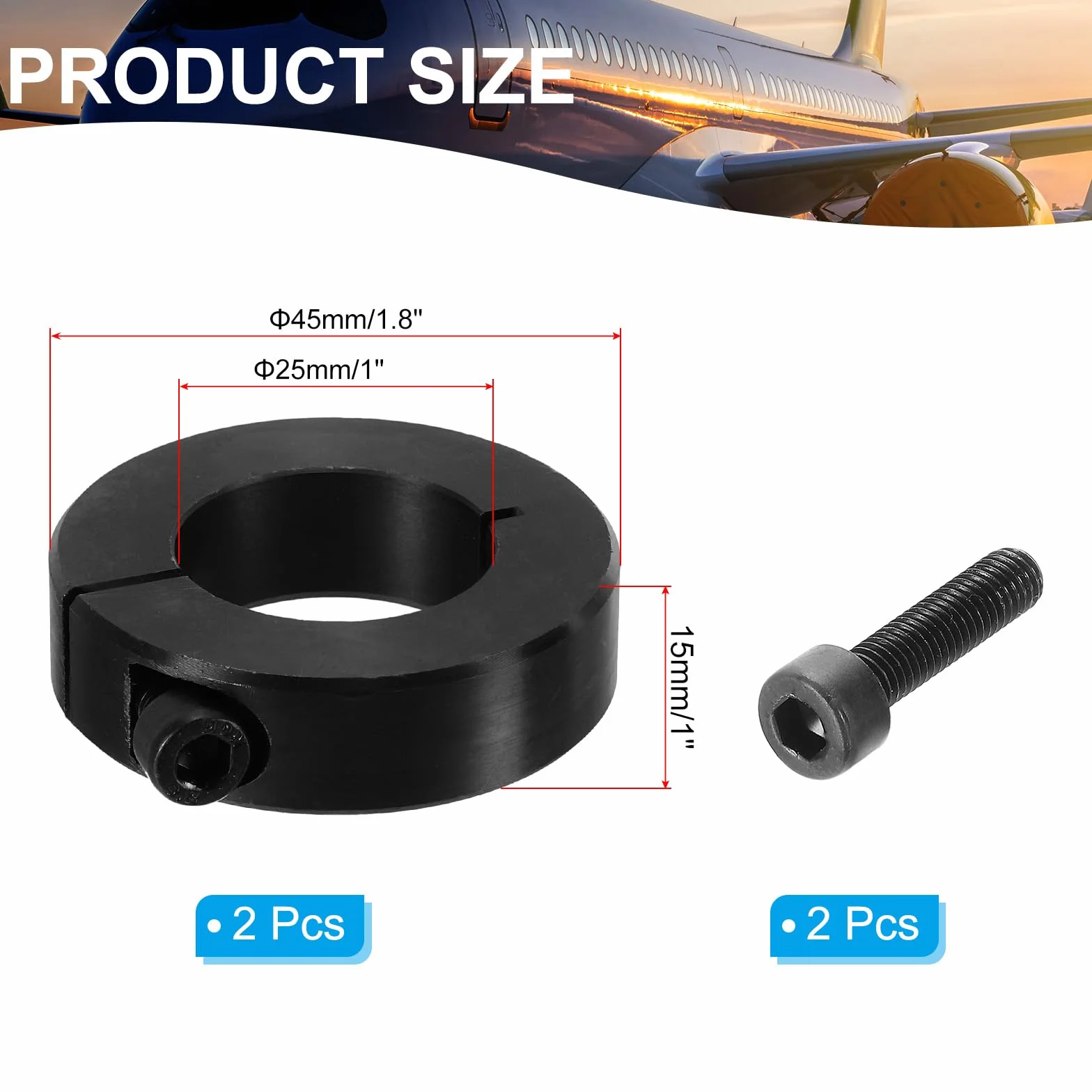 PATIKIL Otwór 25 mm pojedynczy dzielony kołnierz wału zaciskowego 45 mm OD 15 mm grubość, 2 szt. 45 # Kołnierz blokujący ze stali węglowej ze śrubą mocującą dla przemysłu maszynowego, czarny