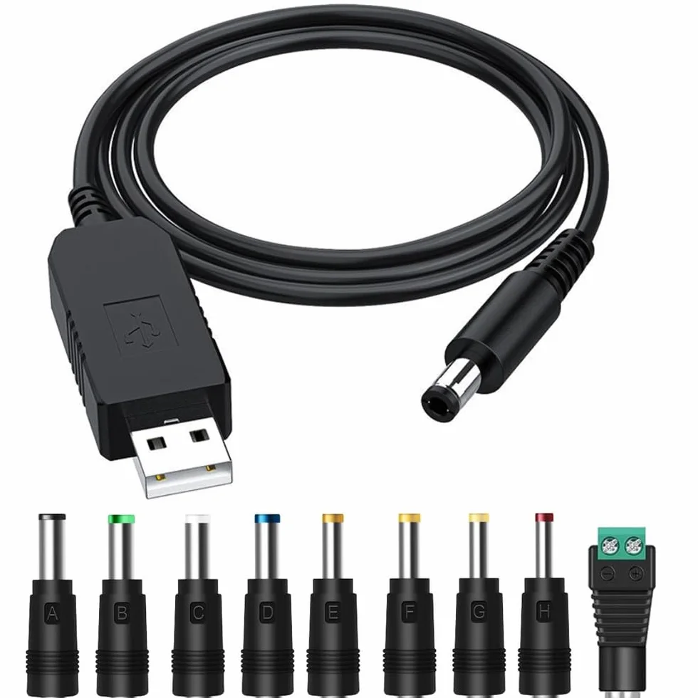 Gebildet Przetwornica Napięcia DC 5V do DC 12V USB, Kabel zasilający USB z 9 Wymiennymi Złączami typu jack, Adapterami ładowarki i Złączem Zaciskowym LED (100cm)
