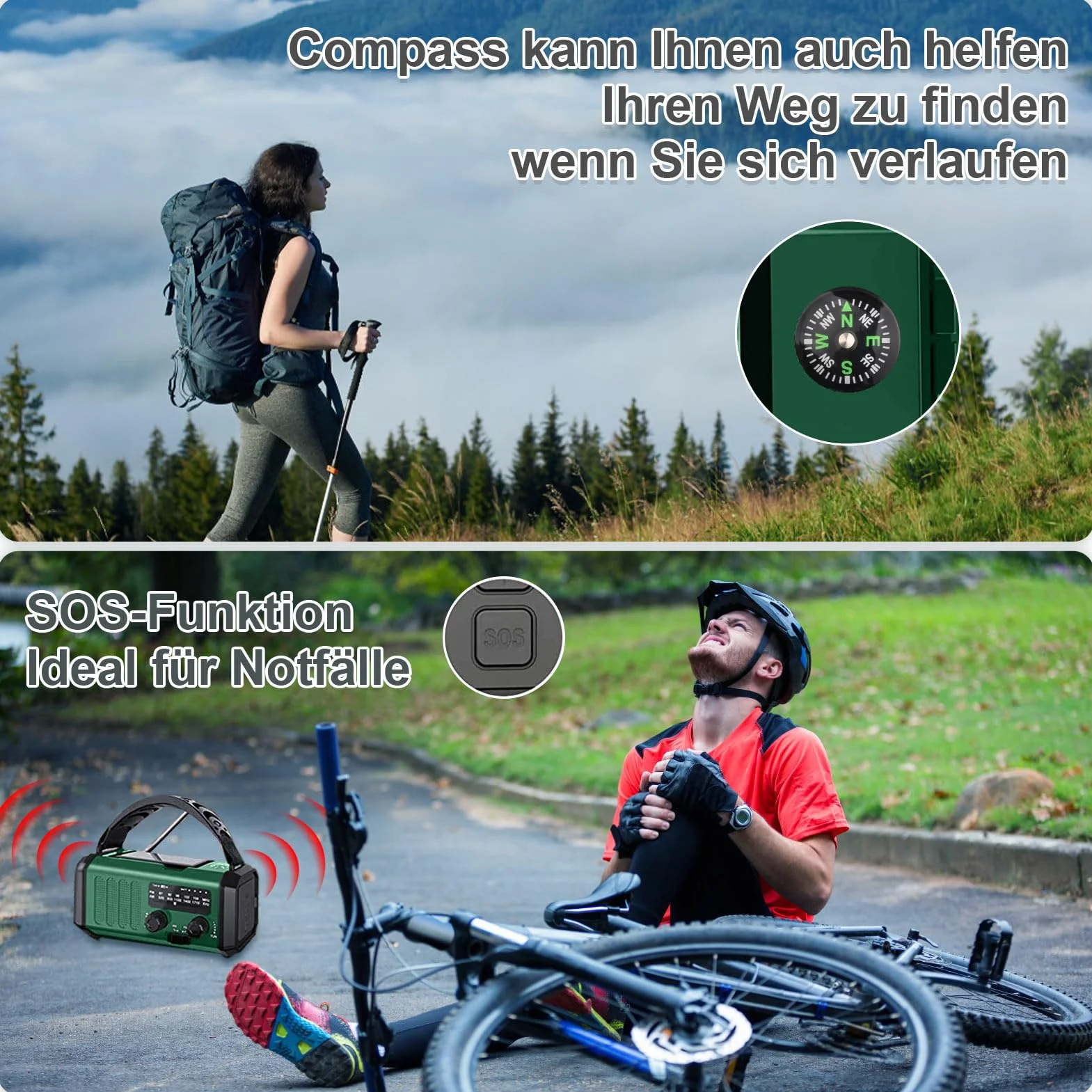 Radio Korbowe 20000mAh Akumulator Ładowalne AM/FM Latarka LED Alarm SOS Kompas Ciemnozielony