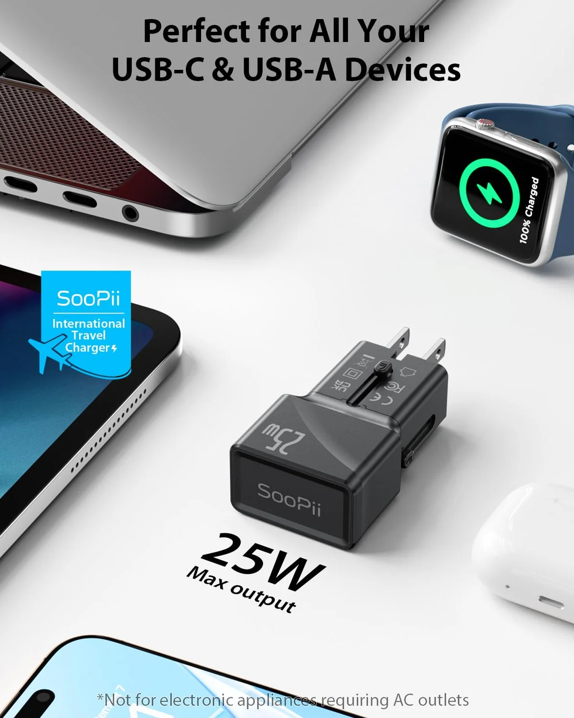 SooPii Międzynarodowy Adapter Podróżny 25 W USB C/A Uniwersalny do USA UK Niemiec Australii Tajlandii Japonii
