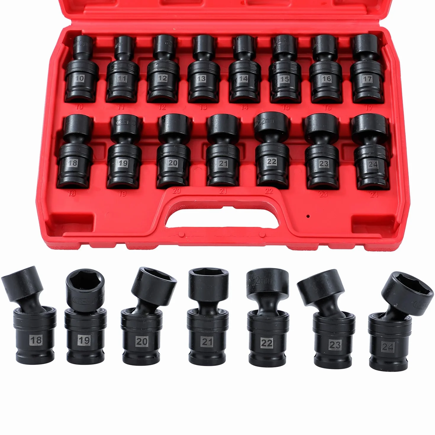 KATSU Tools 1/2-calowy napęd obrotowy zestaw nasadek udarowych, 15-częściowy, metryczny, 10-24 mm, 6-punktowy, stal CR-MO, uniwersalne, elastyczne, płytkie gniazda 420412