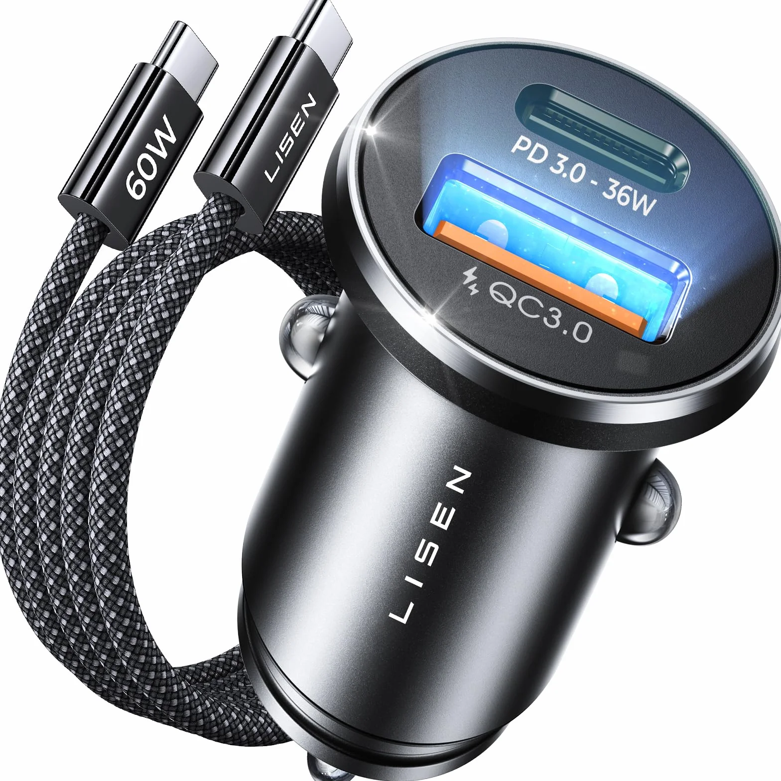 LISEN Ładowarka samochodowa 54W PD QC3.0 USB C Szybkie ładowanie 12V Mini metalowy adapter do iPhone 16e/16 Pro Max/15 Samsung S23 Pixel iPad