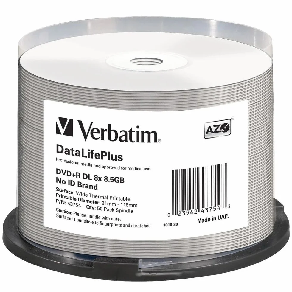 Verbatim DVD-R 8 x Double Layer Wide Thermal Printable 8,5 GB, DataLifePlus, 50 sztuk wrzeciono, płyta DVD do druku termicznego, 8-krotna prędkość nagrywania, druk DVD-R, puste DVD