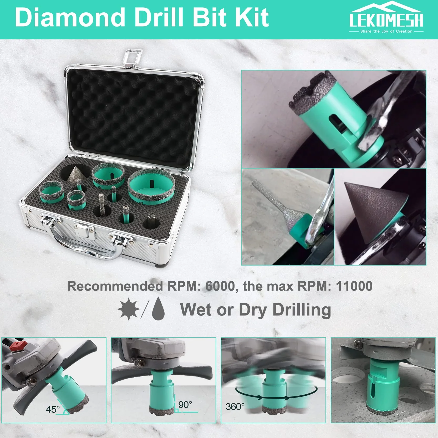 Zestaw diamentowej korony wiertniczej – 10 szt. (6/6/8/25/35/50/68 mm + frez do fazowania (6-25 mm) + 50 mm diamentowe frezy fazowe + adapter) LEKOMESH do porcelany ceramicznej, marmuru, granitu, kamienia, kwarcu