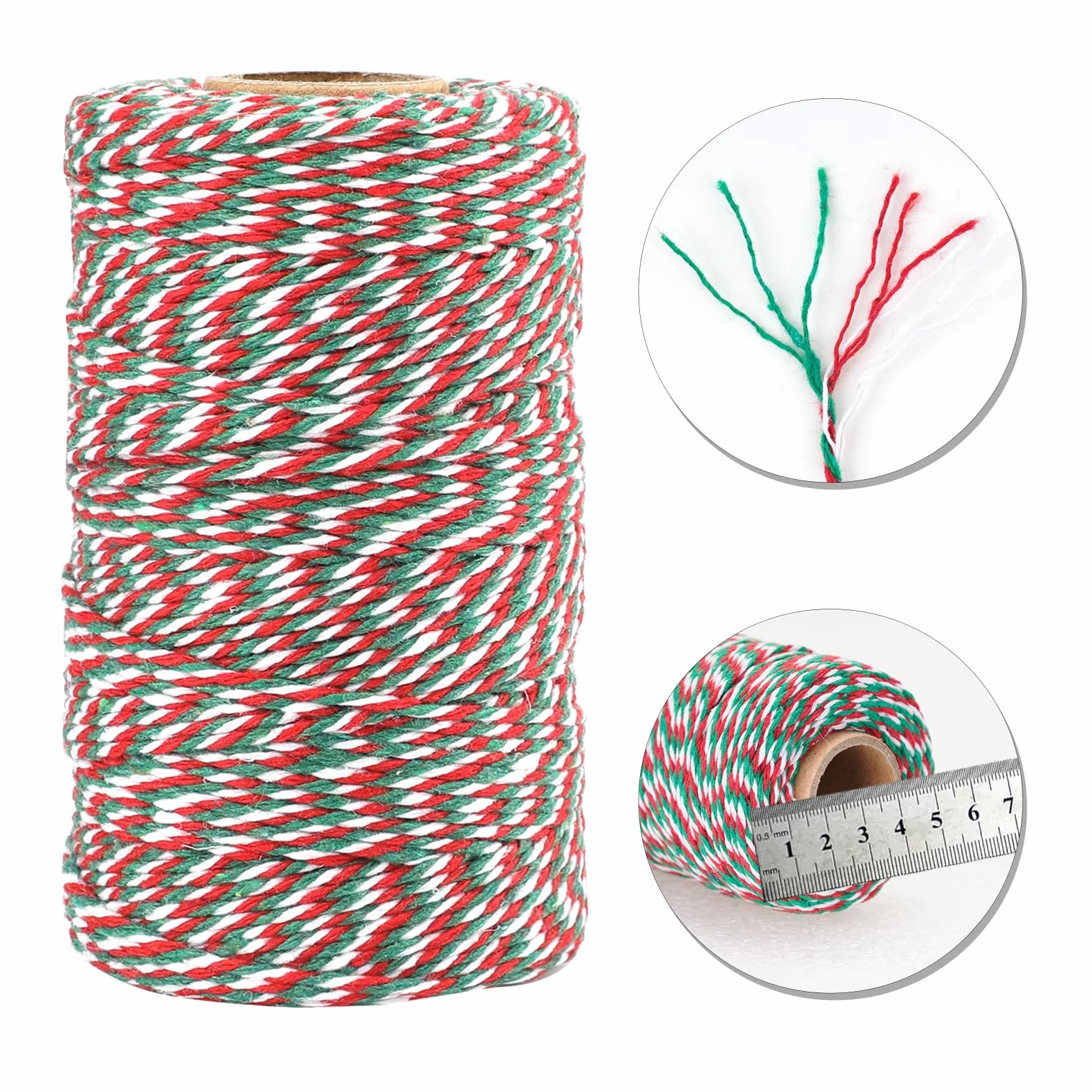 jijAcraft Sznurek bożonarodzeniowy, czerwony, zielony i biały, sznurek do piekarzy, 2 mm, wytrzymały sznurek do pakowania DIY, dekoracji świątecznych, pakowania prezentów, pakowania prezentów