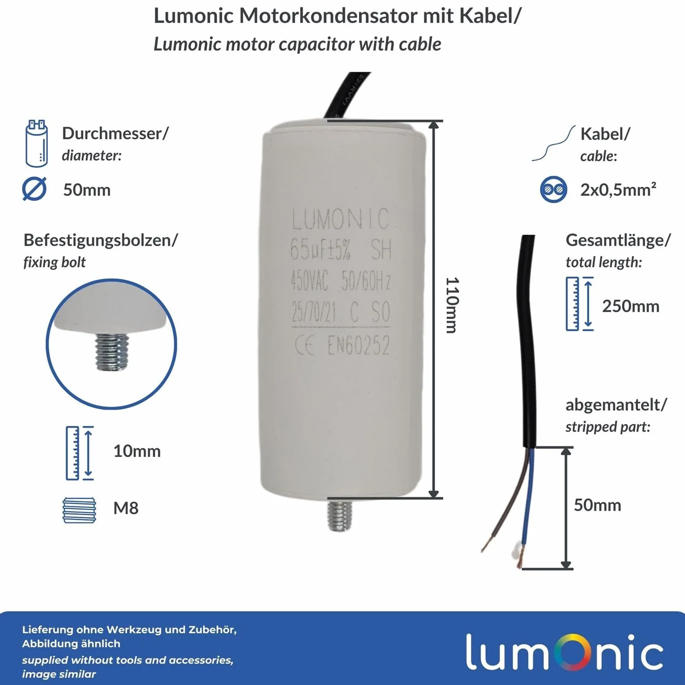 Lumonic Kondensator rozruchowy 65µF 450V 50x110mm silnikowy z plastikowa obudowa