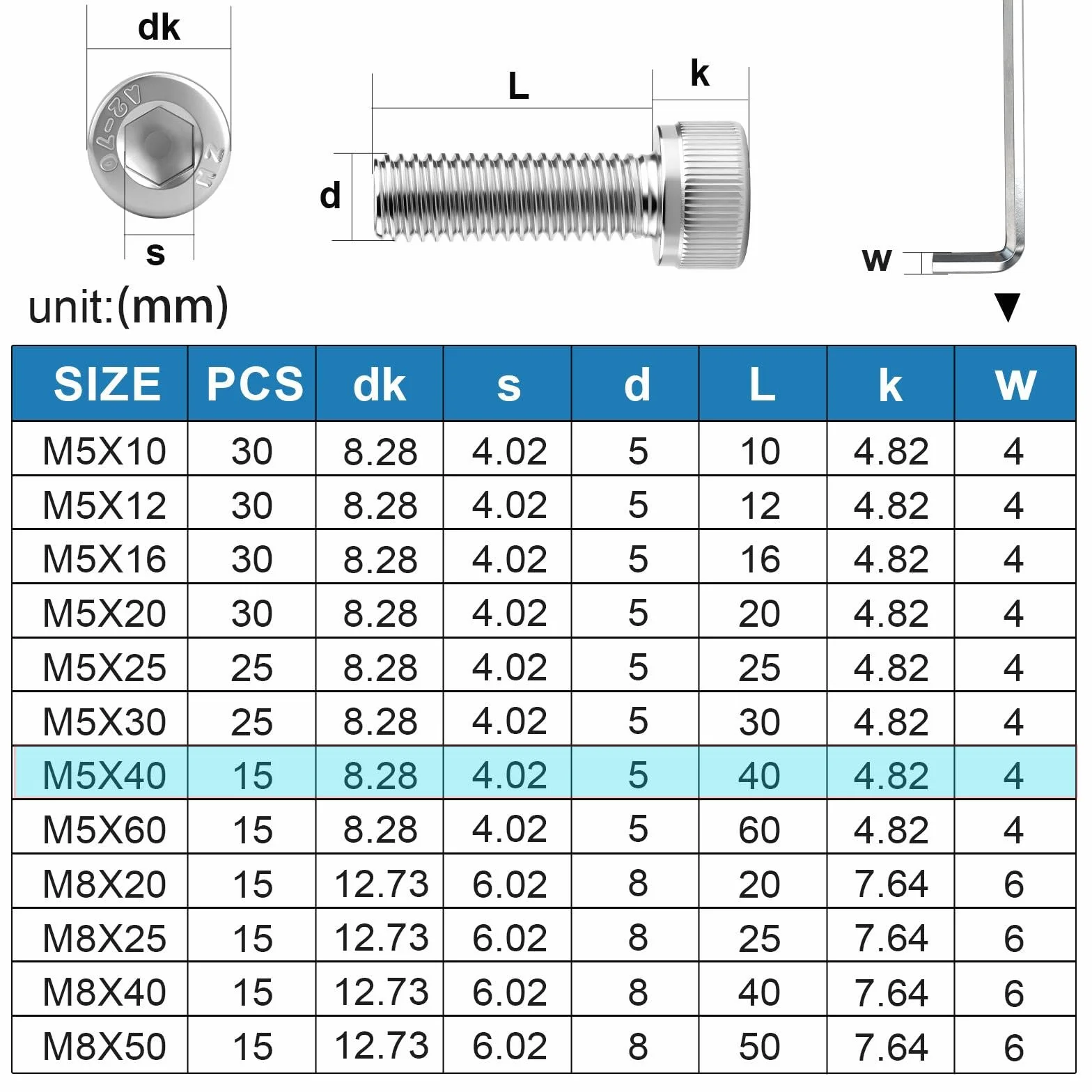 15 szt. śrub z łbem cylindrycznym M5 x 40 mm, śruby cylindryczne ze stali nierdzewnej M5, pełny gwint, śruby imbusowe z 1 szt. 4 mm, śruby imbusowe do naprawy i montażu (srebrne)