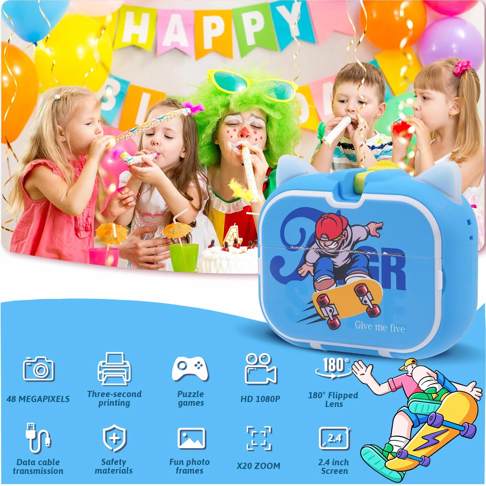 DYNASONIC Instant Children's Camera 2nd Generation 48MP 2.5K UHD Digital Photo Video with 32GB SD Card Gift for Kids 3-14