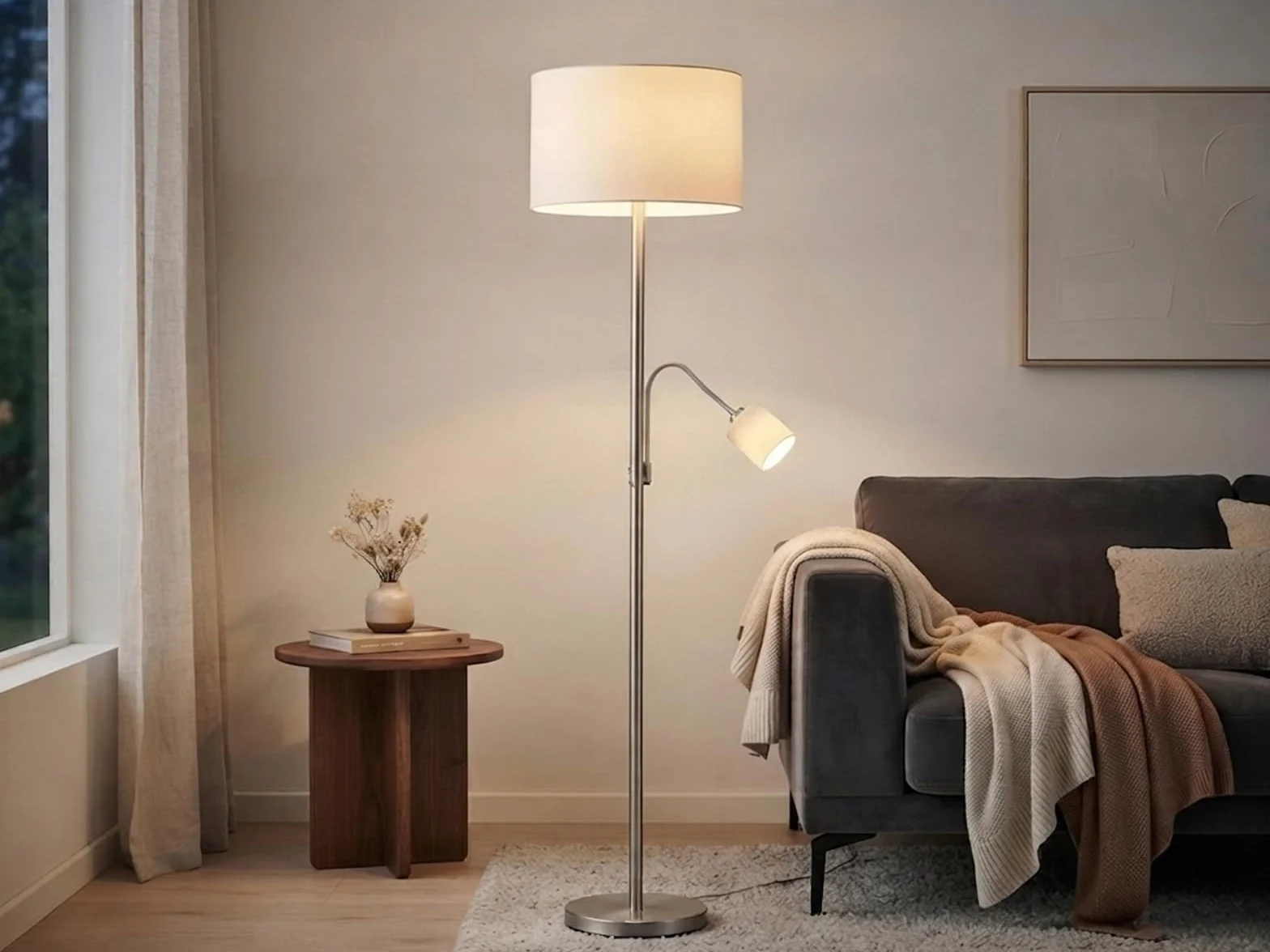 Klasyczna lampa stojąca LED z lampką do czytania i abażurami materiałowymi w kolorze białym wysokość 170 cm – ponadczasowe, eleganckie oświetlenie postojowe