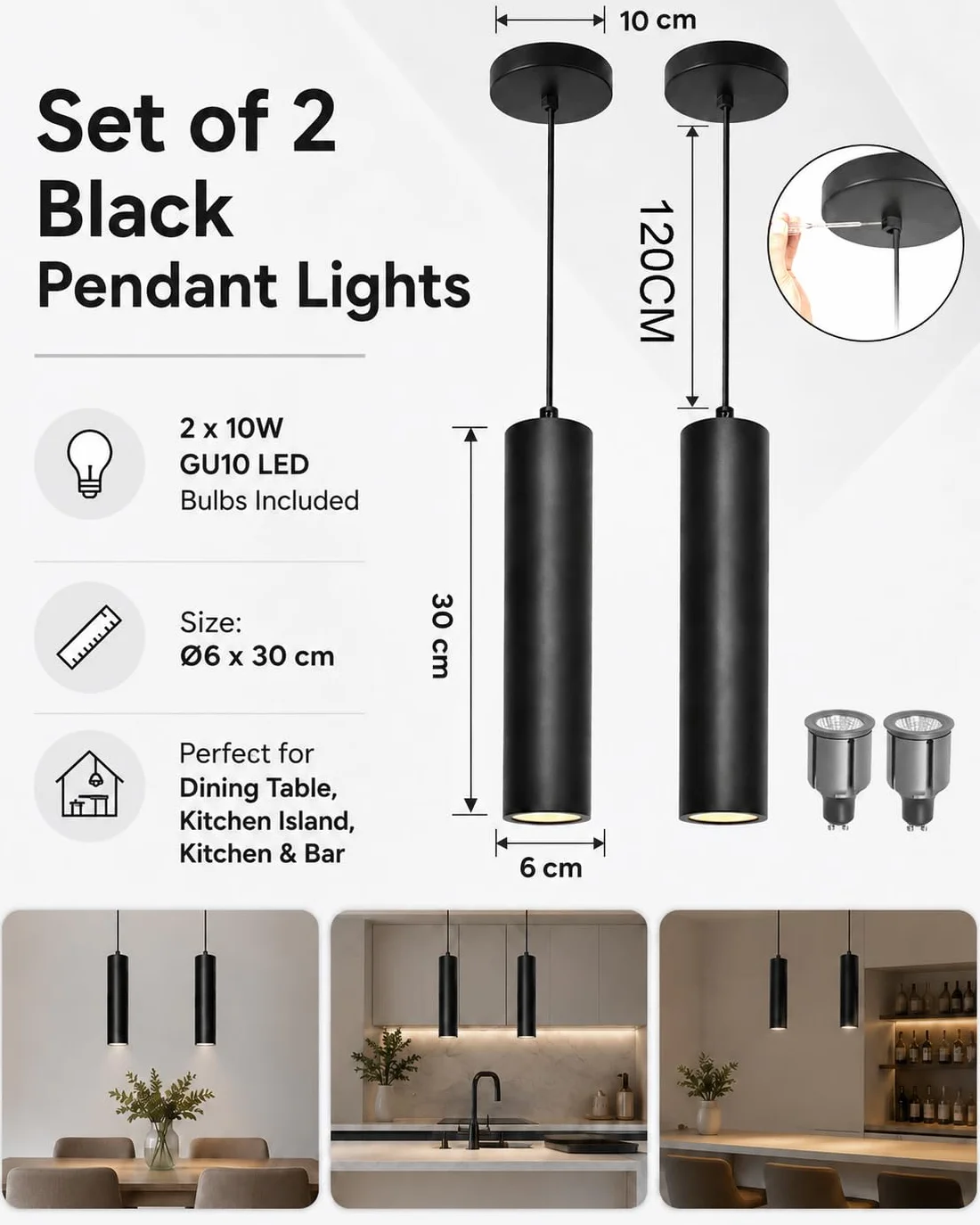 ACMHNC Lampa Wisząca LED, Zestaw 2 Sztuk Nowoczesnych Lamp Sufitowych GU10 do Kuchni i Sypialni, 10W 3000/4000/6000K, Czarny Żyrandol Cylindryczny 30cm