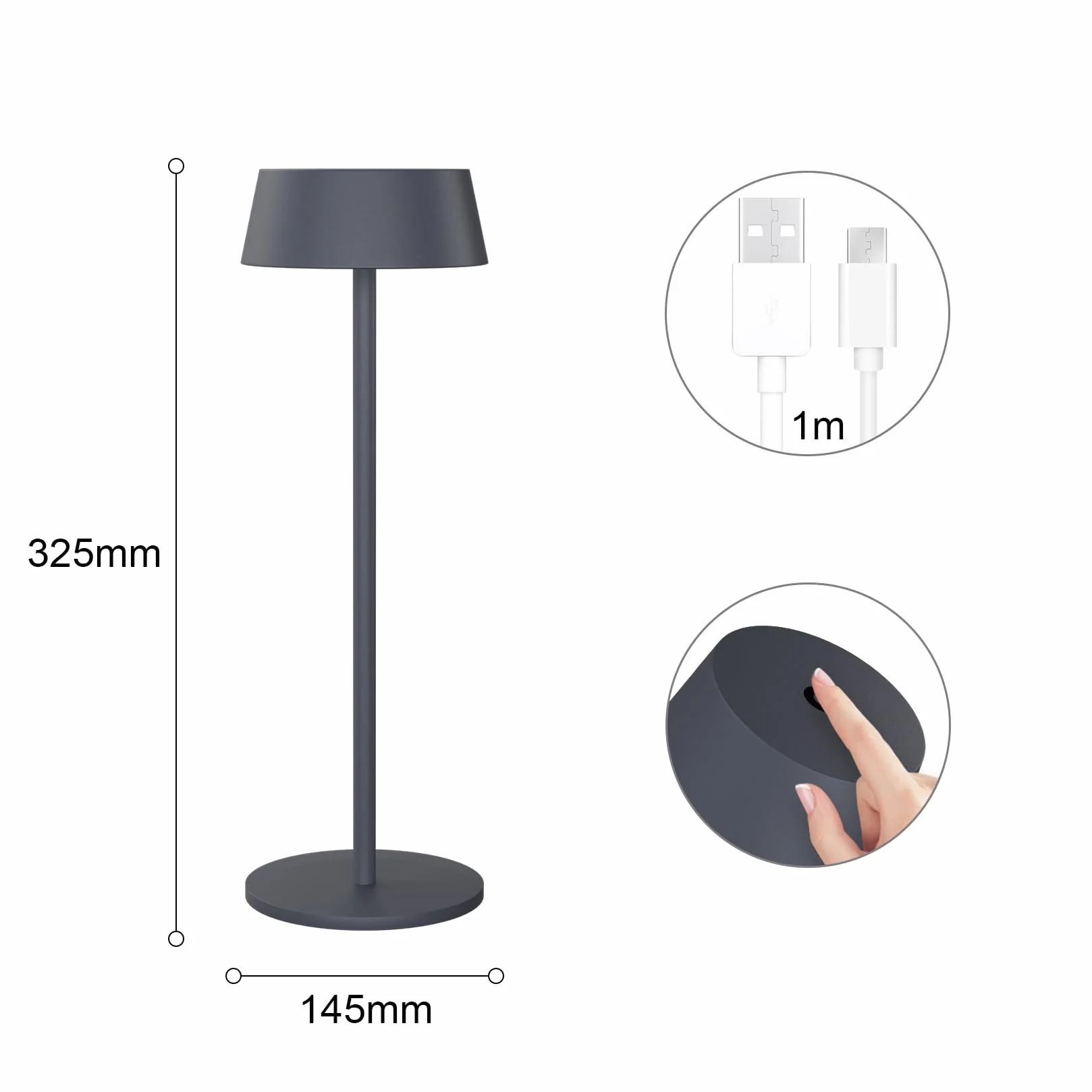 K-Bright 2 sztuki Regulowana LED akumulatorowa lampka stołowa do wnętrz i na zewnątrz, ładowalna, ciepła kolor światła 3000K, wodoodporna lampka stołowa na zewnątrz i do wnętrz, antracyt
