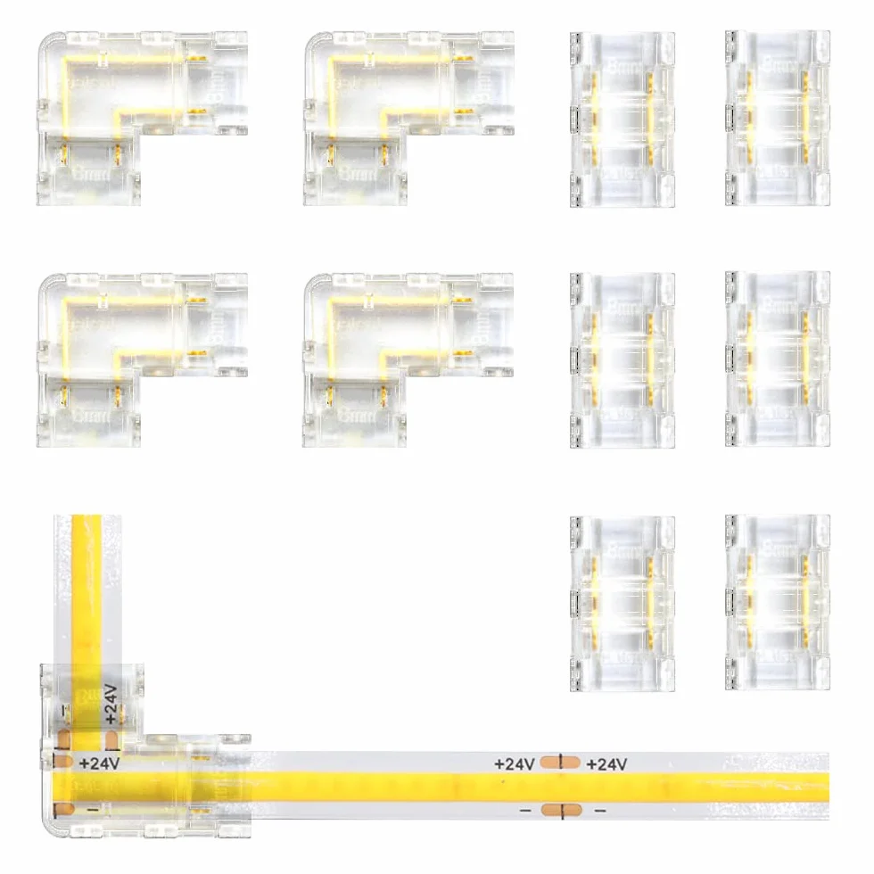 Arotelicht Zestaw Złączy Do Taśm COB LED 12V 24V, Szerokość 8mm, 6 Szt. Konektory Środkowe Przezroczyste, 4 Szt. Kształt L