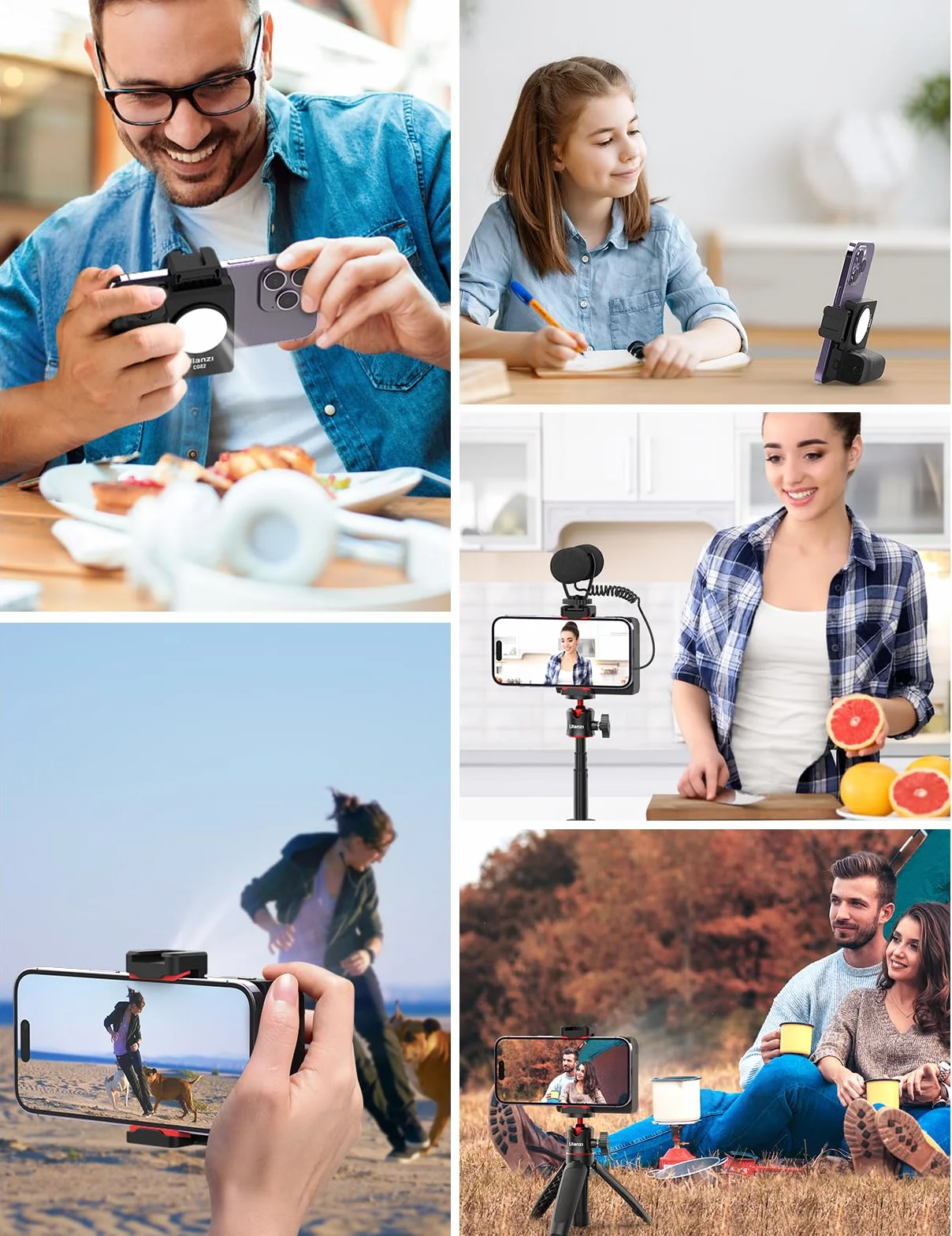 ULANZI CG-02 uchwyt do smartfona z pilotem migawki i światłem wypełniającym, akcesoria fotograficzne do iPhone'a 15, 14 Pro Max