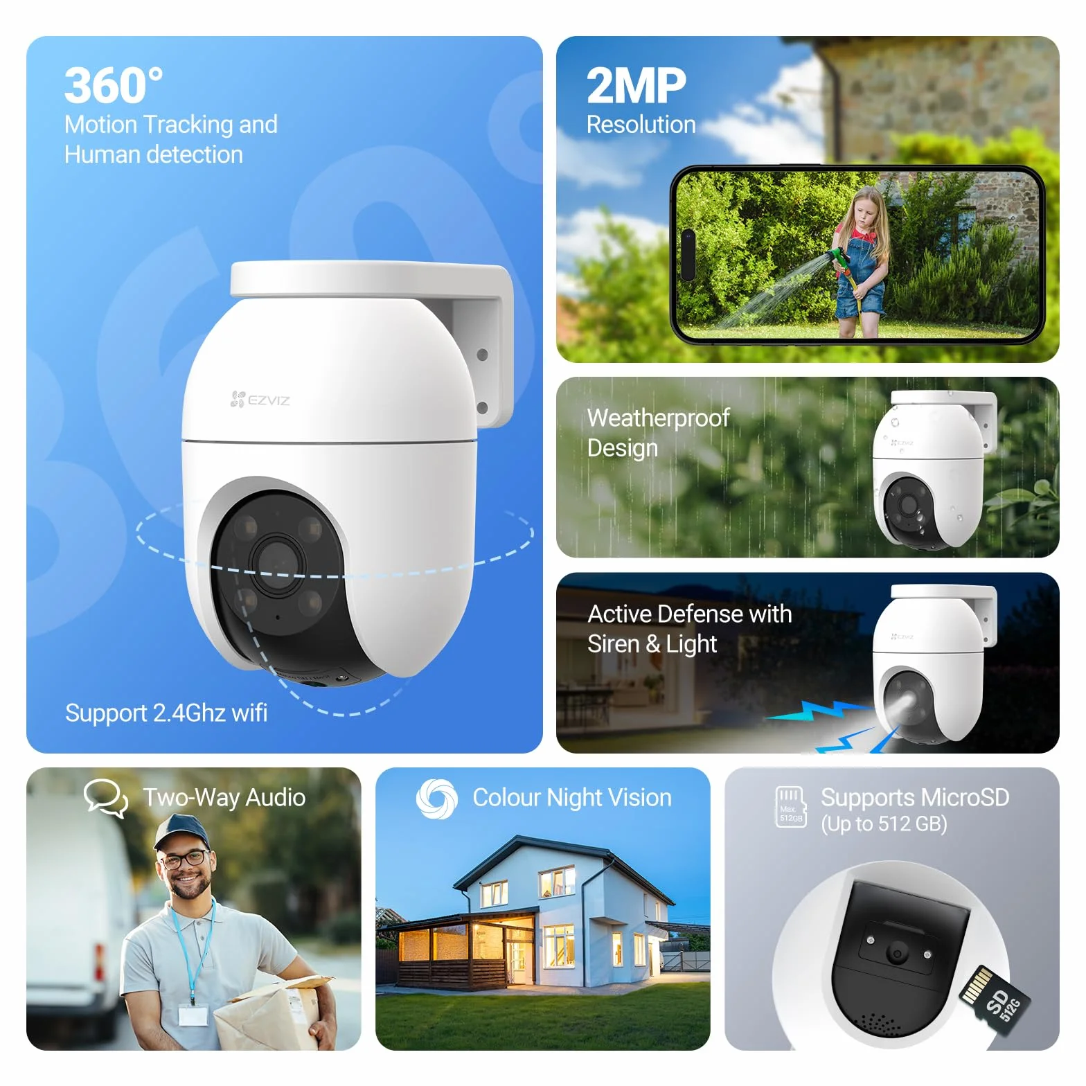 EZVIZ 2 SZTUK Kamera Nadzoru WiFi Zewnętrzna 360°, 1080P Kamera Bezpieczeństwa IP, Kolorowe noktowizory, Wykrywanie Ludzi AI, Auto Zoom śledzenie, Dwukierunkowy dźwięk, Syrena, Alexa/Google, C8c 2MP