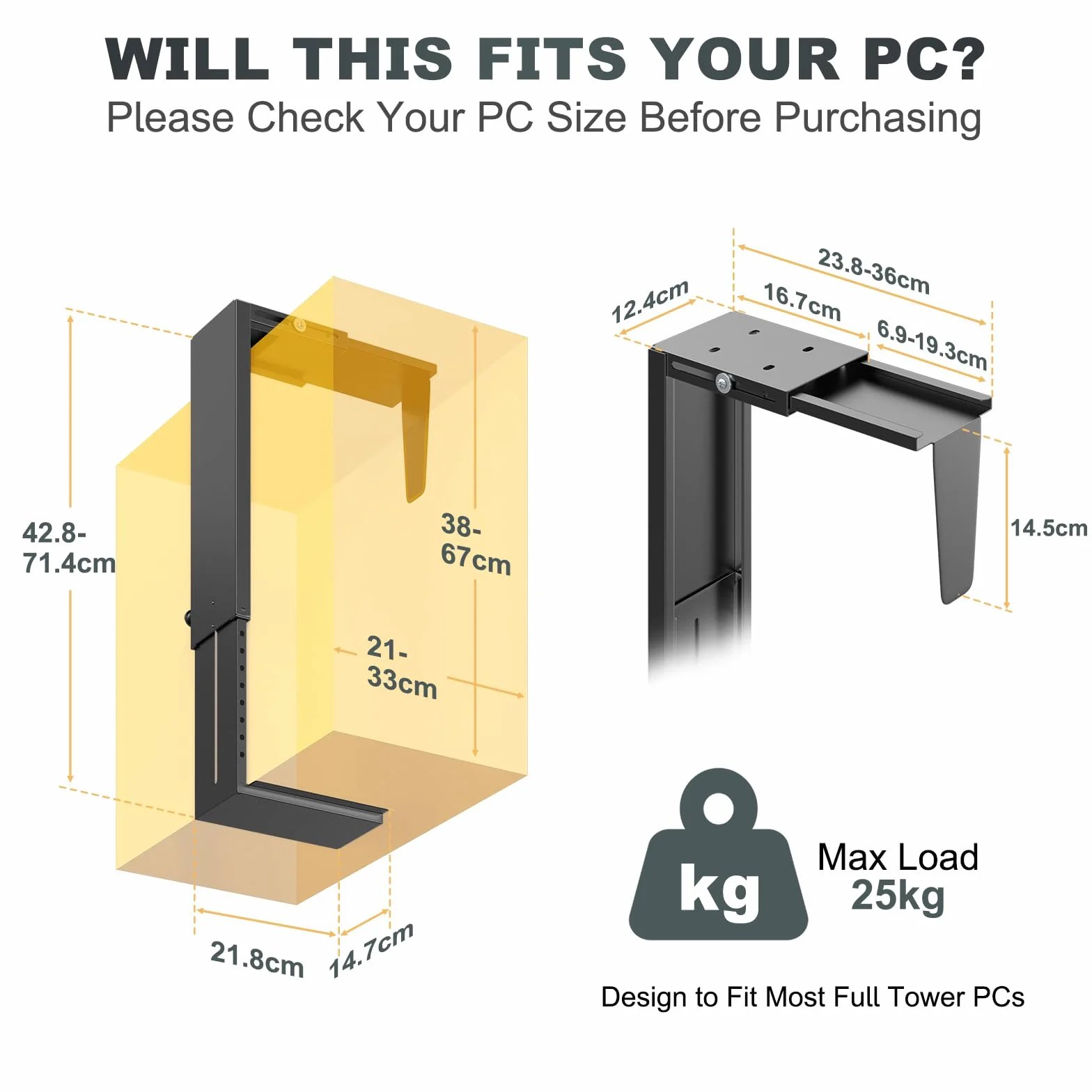 Uchwyt na PC Pod Biurko Regulowany Wysokość i Szerokość, do 25 kg, 38–67 cm, 21–33 cm