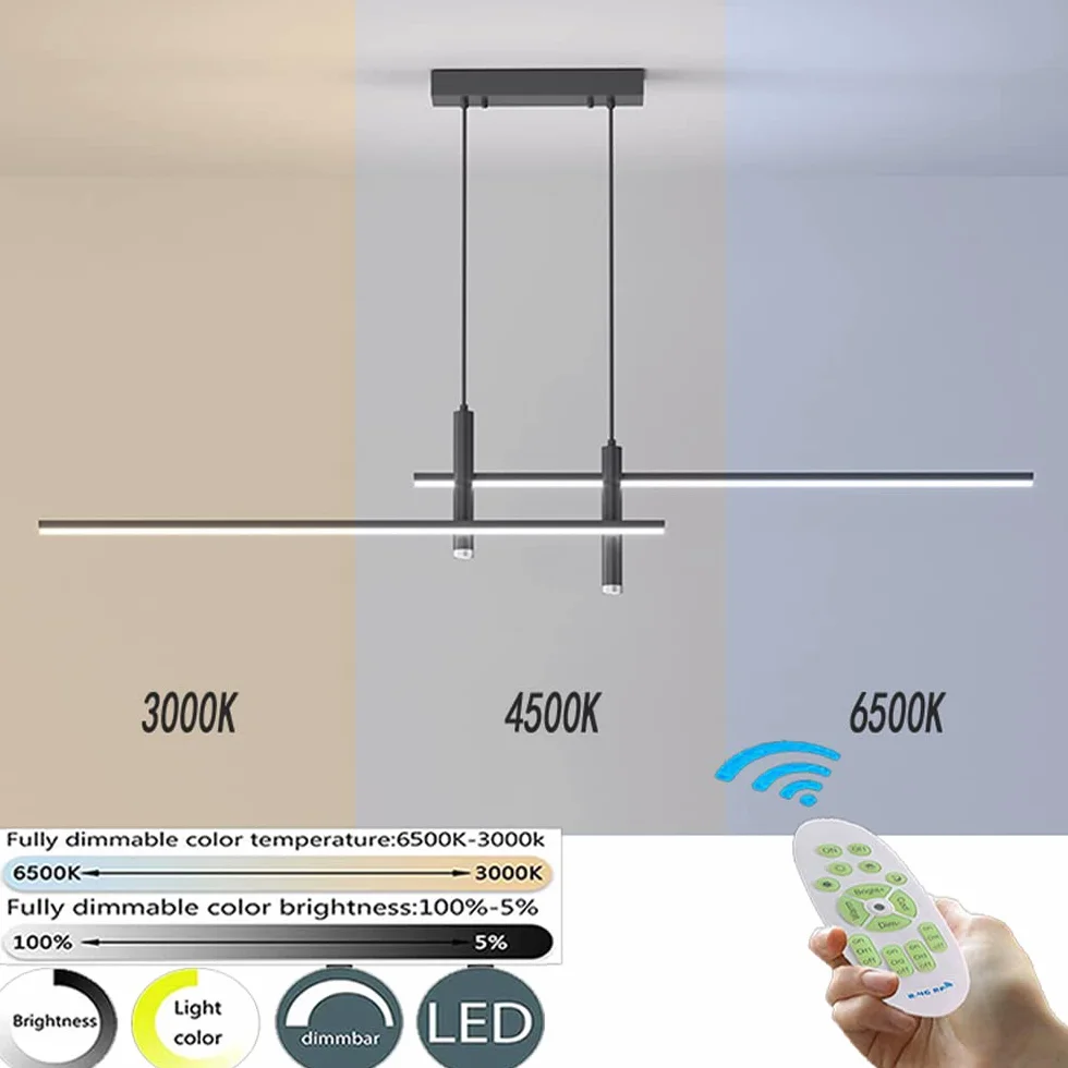 Nowoczesna lampa wisząca LED, aluminiowa, lampa wisząca, zdalne sterowanie, ściemniana, czarno-złota, z żyrandolem downlight, do salonu, sypialni, biura, jadalni, baru (czarna, dł. 90 cm)
