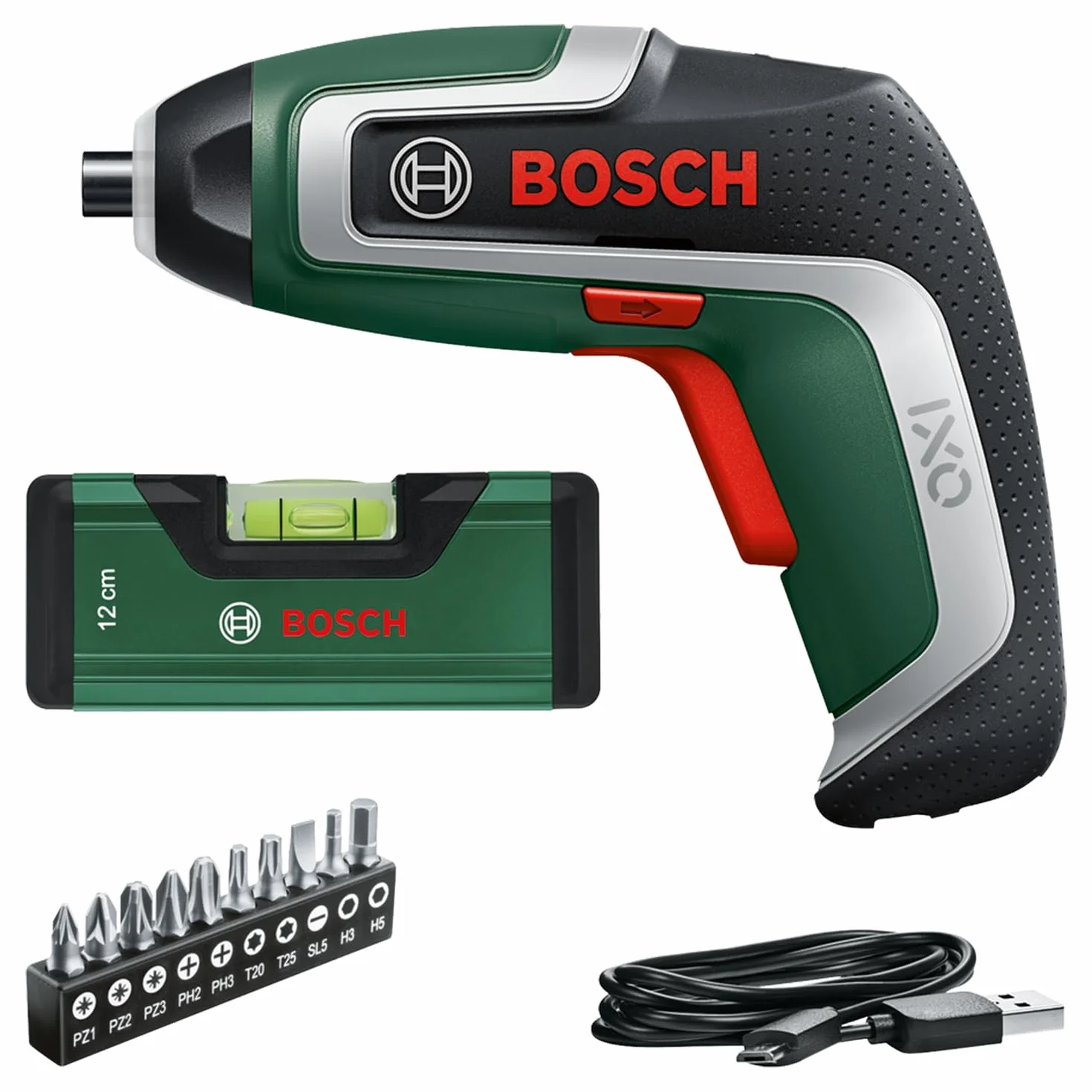 Bosch Home and Garden akumulatorowa wkrętarka IXO 7 (10 standardowych końcówek wkręcających, kompaktowa poziomica 12 cm, przewód micro USB)