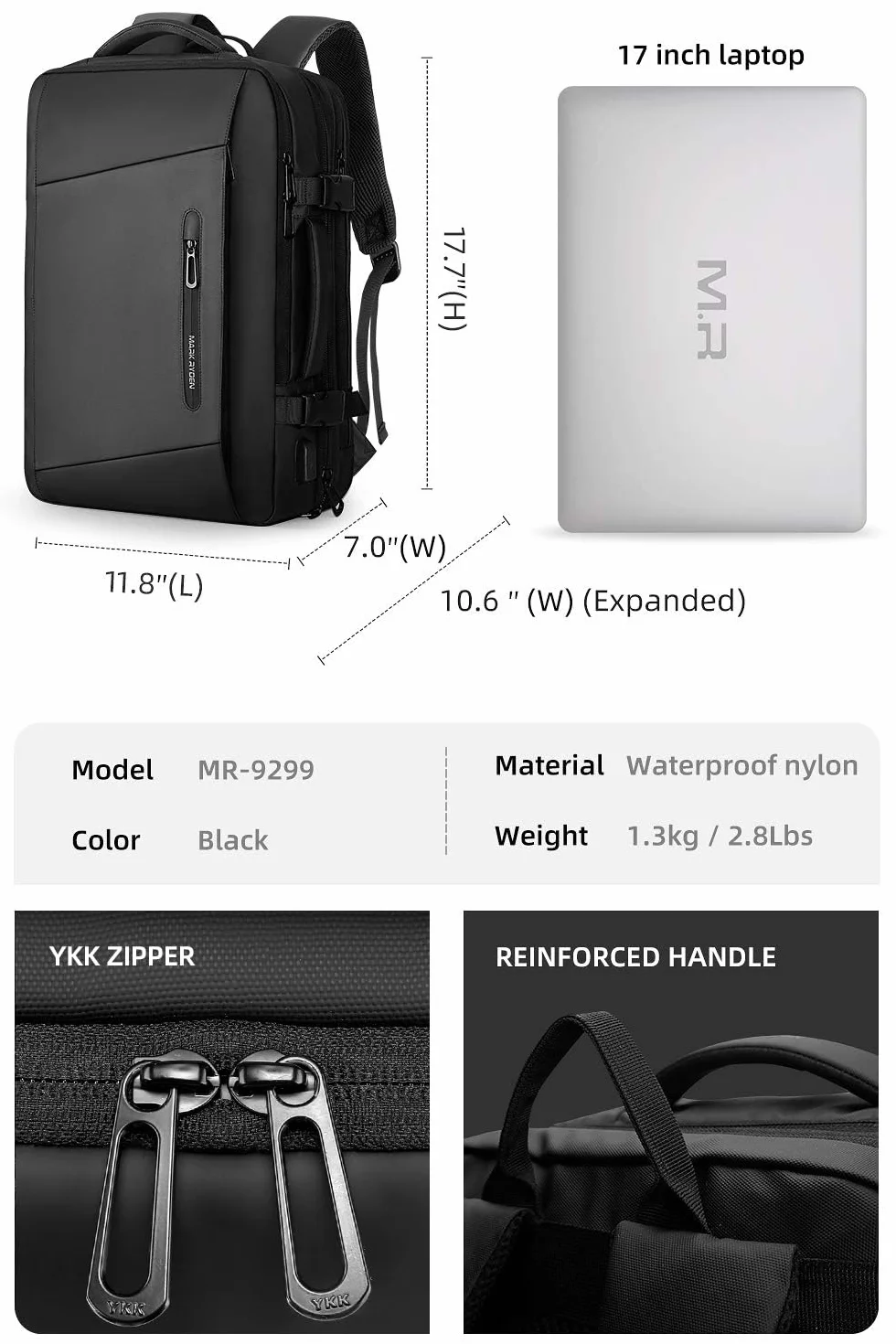 MARK RYDEN Powiększany plecak 25-40L, biznesowy plecak męski, 17" torba na laptopa z przyłączem USB do ładowania, wodoszczelny, zabezpieczający przed kradzieżą, do samolotu, bagaż podręczny, czarny