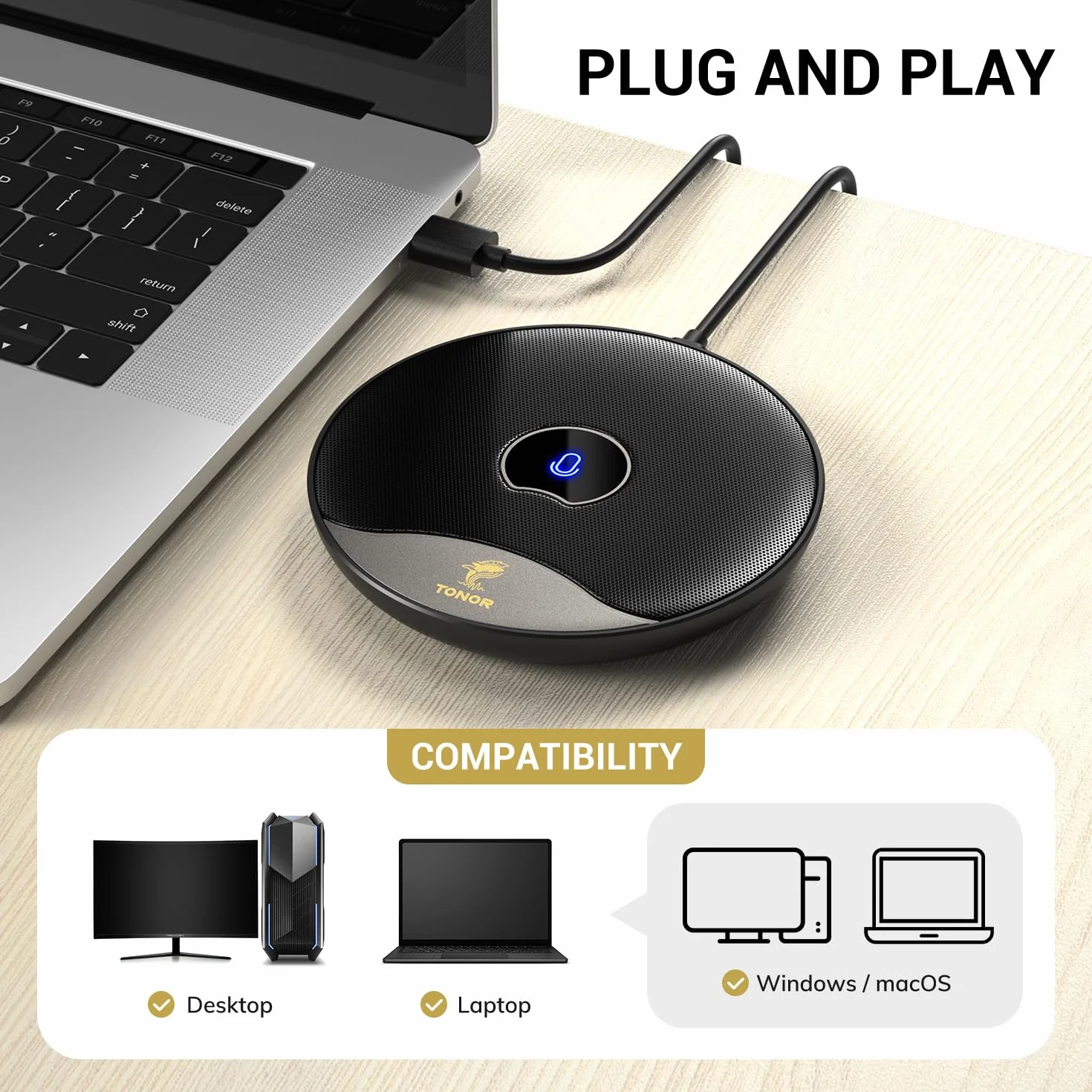 TONOR Mikrofon konferencyjny USB, 360 stopni, wielokierunkowy mikrofon kondensatorowy PC z przyciskiem wyciszania do spotkań online, klas, połączeń zoom, rozmów przez Skype Chat, Plug and Play (TM20)