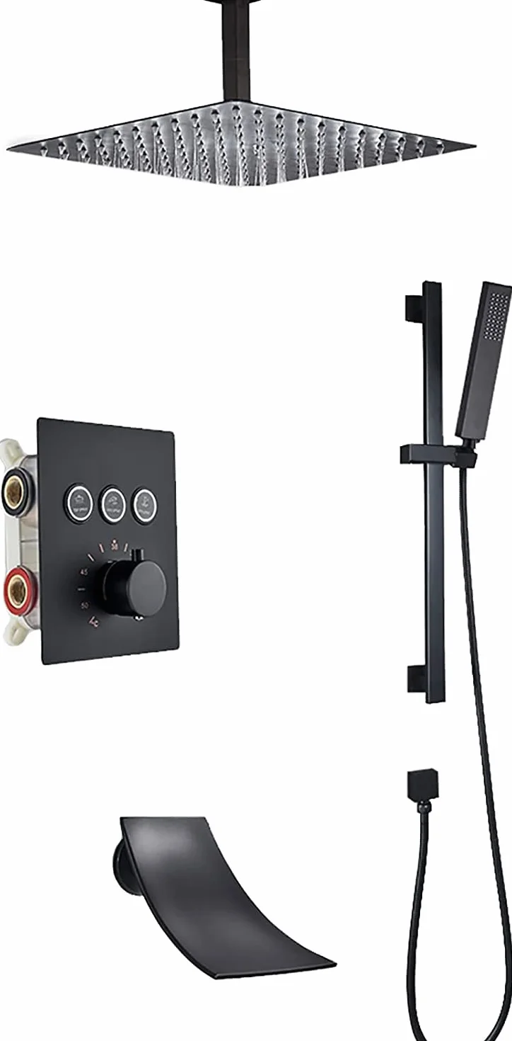 Zestaw prysznicowy termostatyczny z wylewką do wanny, czarny kran, montowana na suficie głowica prysznicowa z mieszaczem ręcznym, 25 cm (10 cali)
