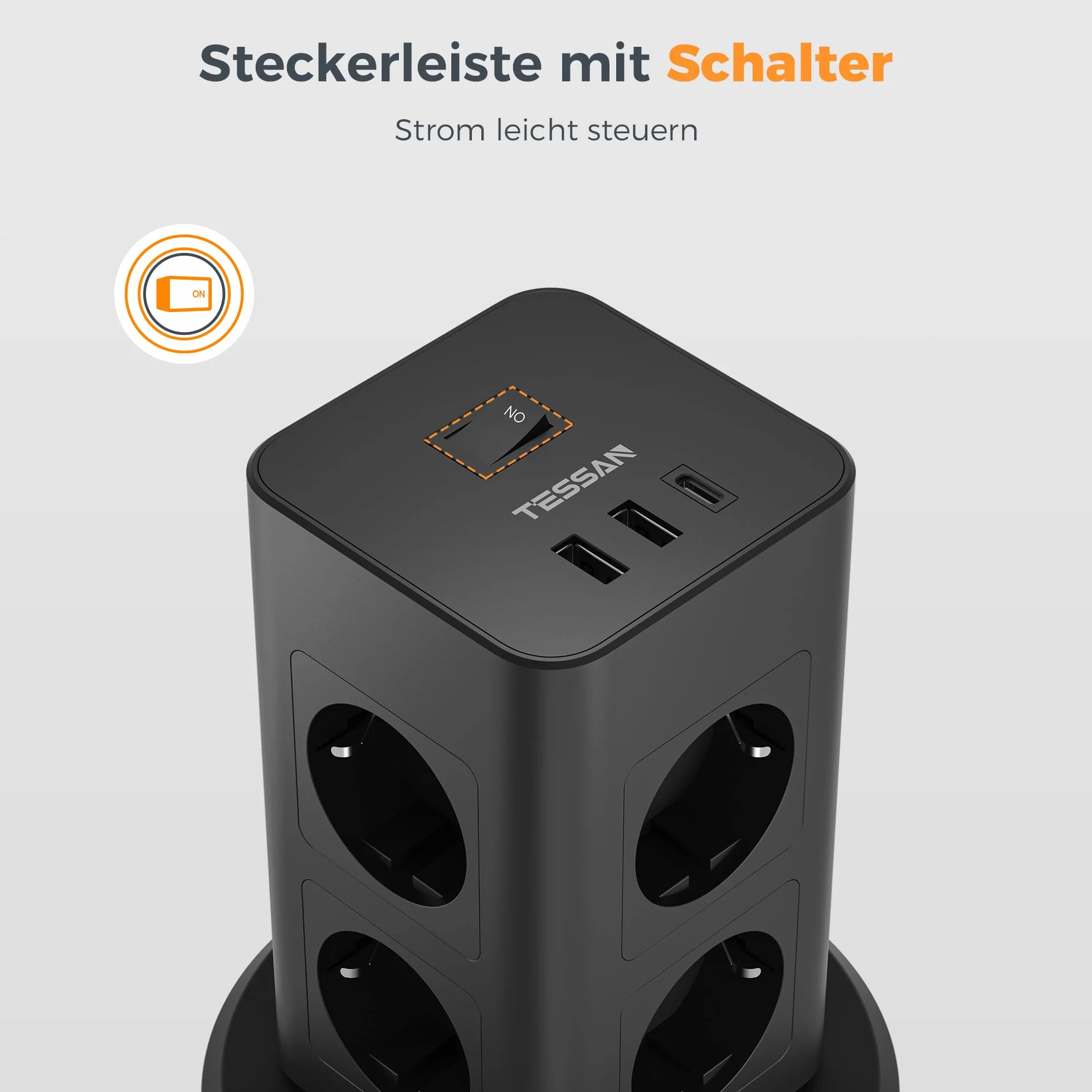 TESSAN Wieża Gniazdkowa z USB C, 8 Gniazd, Przewód 2M, Wyciągany Przewód, Przełącznik